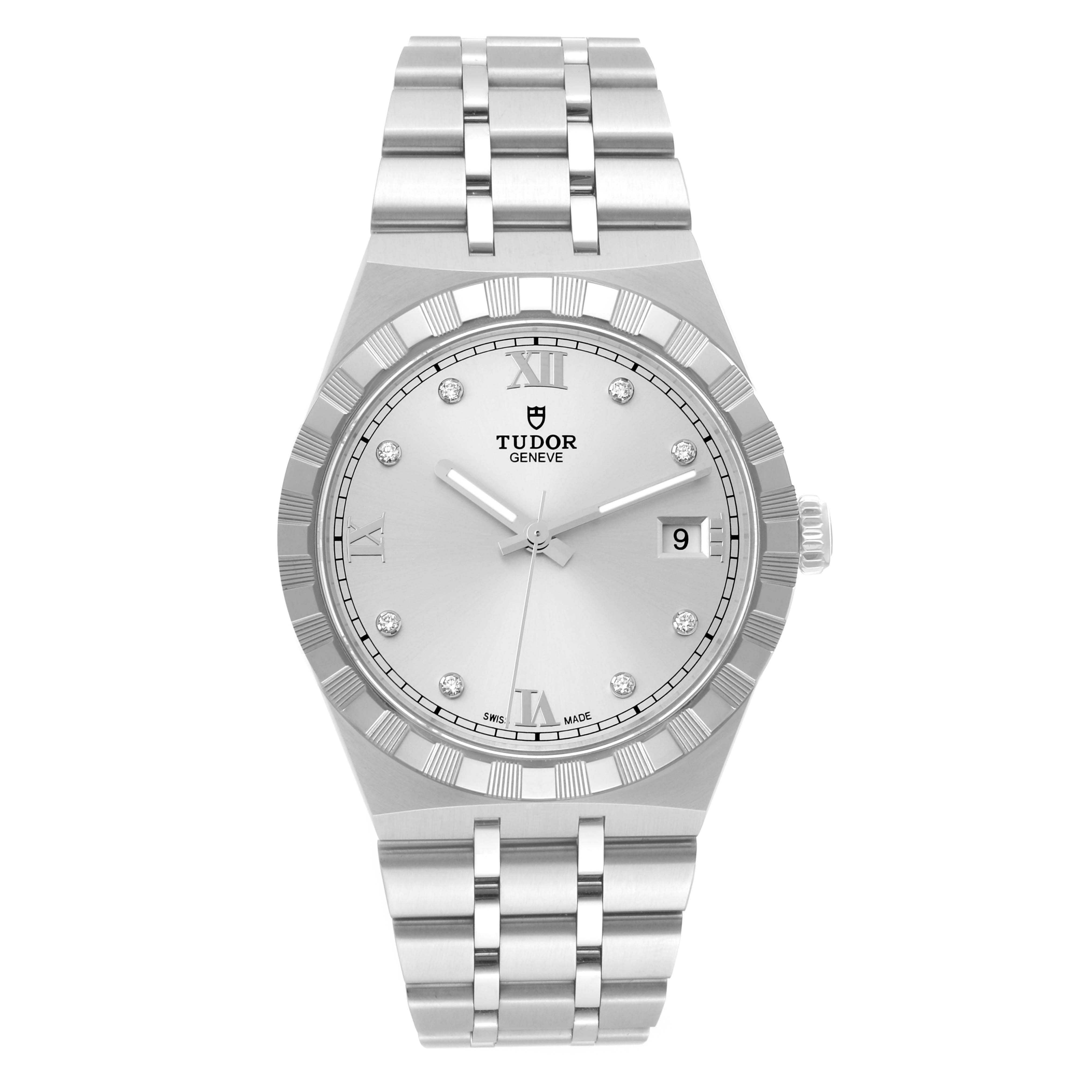 The image shows a frontal view of the Tudor Royal 28500 Men
s Stainless Steel Silver Dial 28500 Men
s Stainless Steel Silver Dial watch, displaying the face, bezel, bracelet, and crown.