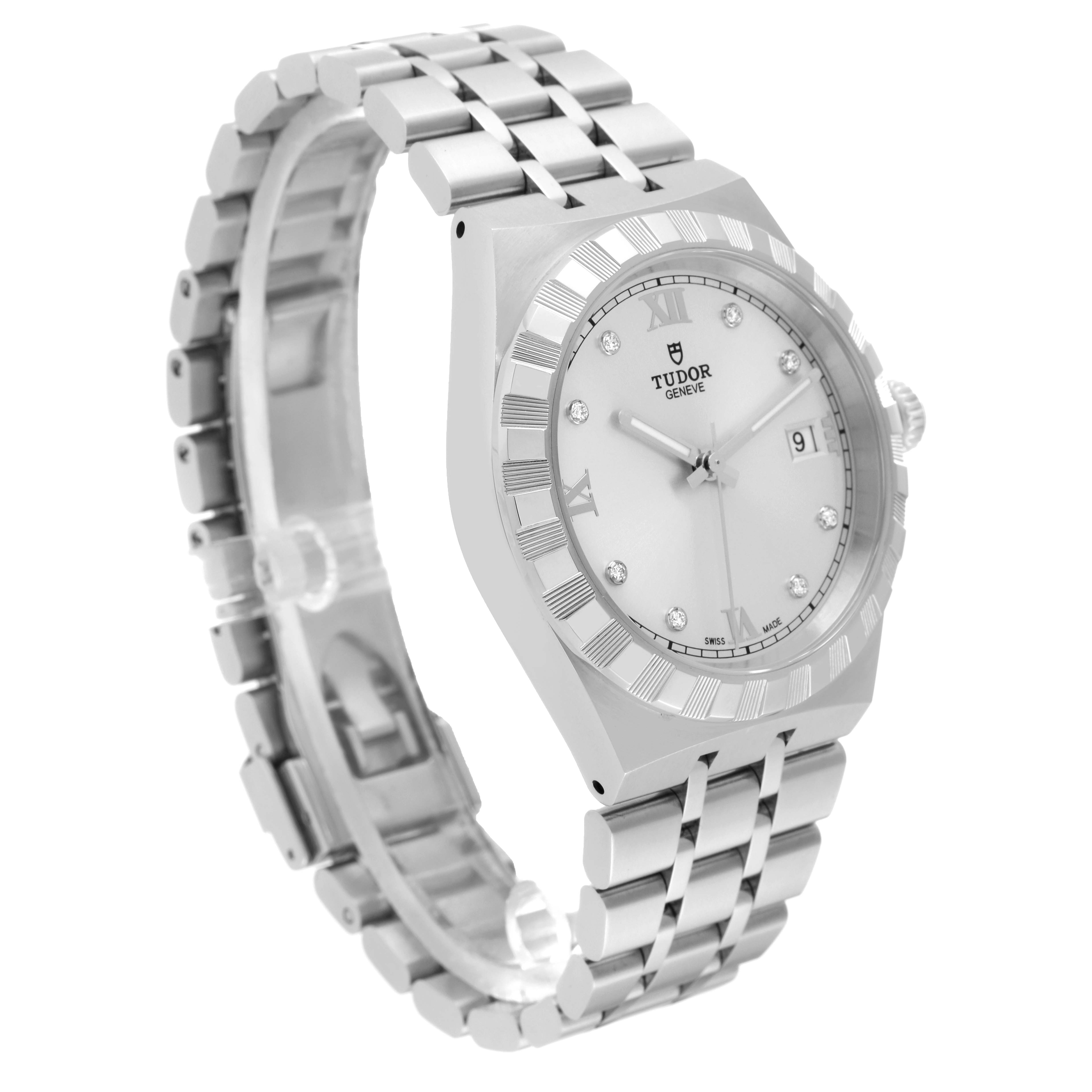 The Tudor Royal 28500 Men
s Stainless Steel Silver Dial 28500 Men
s Stainless Steel Silver Dial watch is shown at an angled front view, displaying the dial, bezel, case, crown, and bracelet.