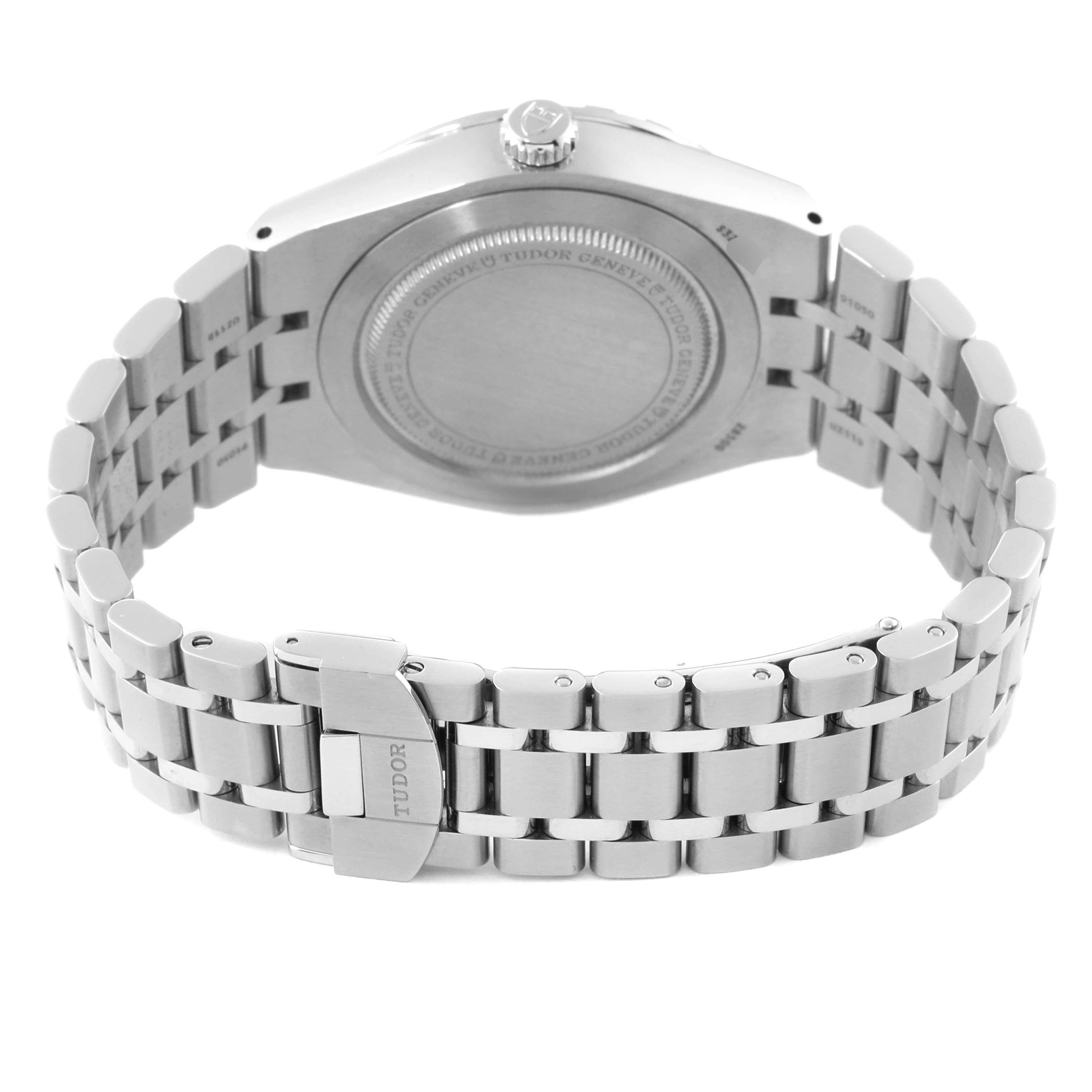 The image shows the back view of a Tudor Royal 28500 Men
s Stainless Steel Silver Dial 28500 Men
s Stainless Steel Silver Dial watch, focusing on the case back and bracelet.