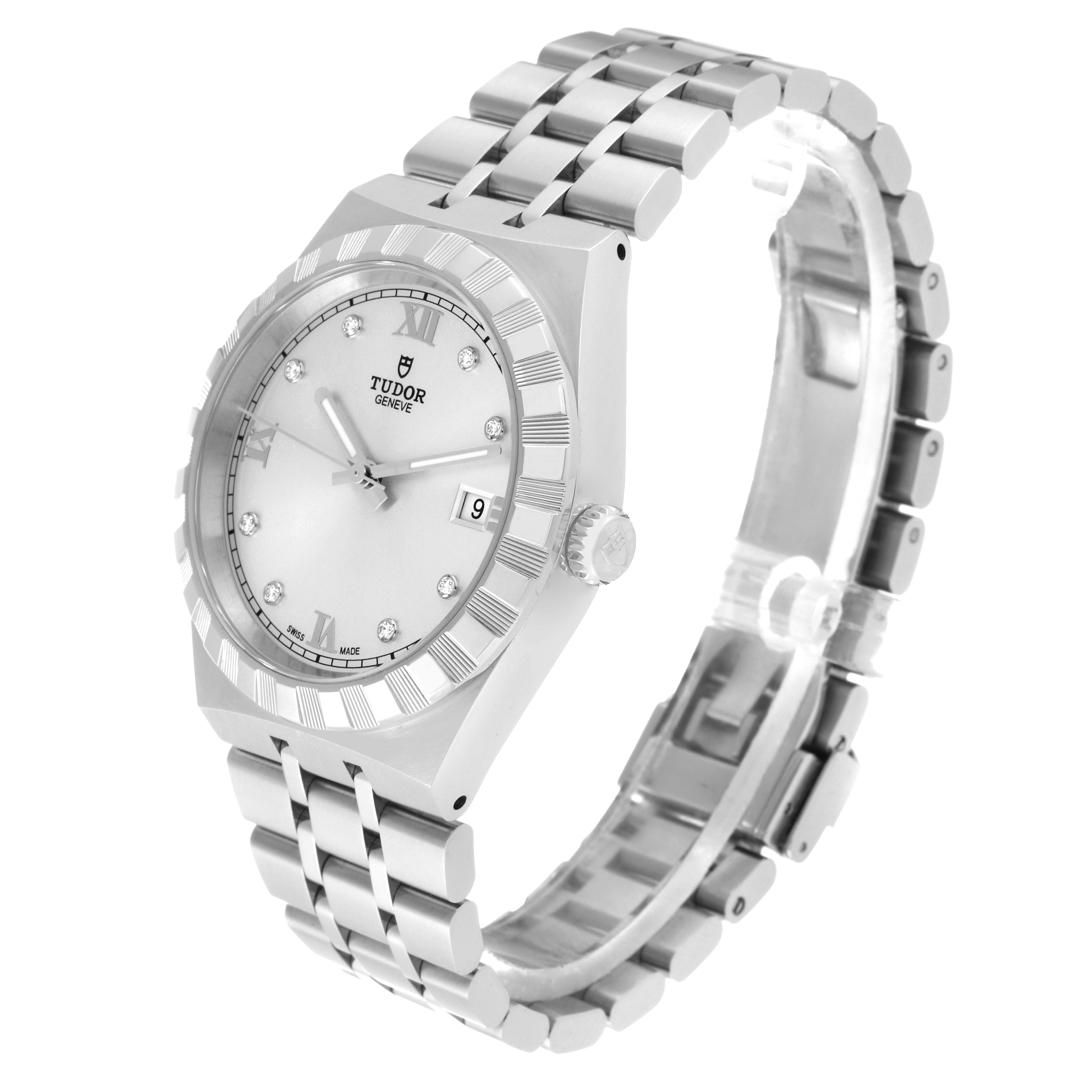 The image shows a Tudor Royal 28500 Men
s Stainless Steel Silver Dial 28500 Men
s Stainless Steel Silver Dial watch at a three-quarter angle, highlighting the face, bezel, crown, and bracelet.