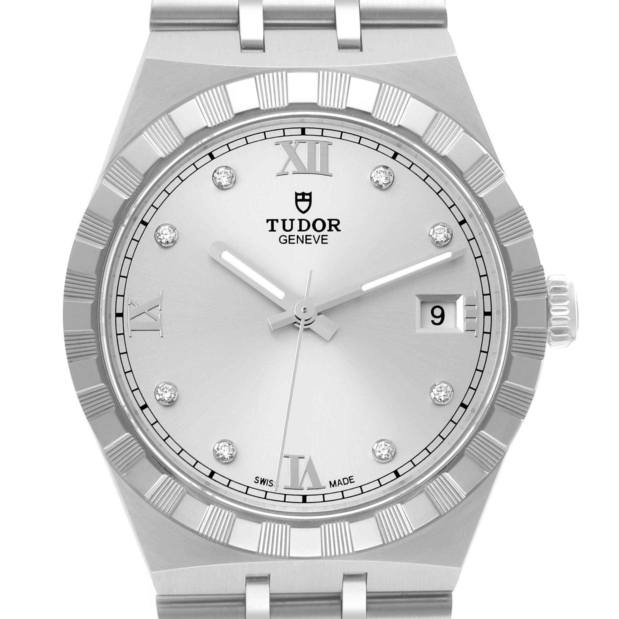 The image shows the face and part of the band of a Tudor Royal 28500 Men
s Stainless Steel Silver Dial 28500 Men
s Stainless Steel Silver Dial watch, with Roman numerals, stick markers, and a date display at 3 o
clock.