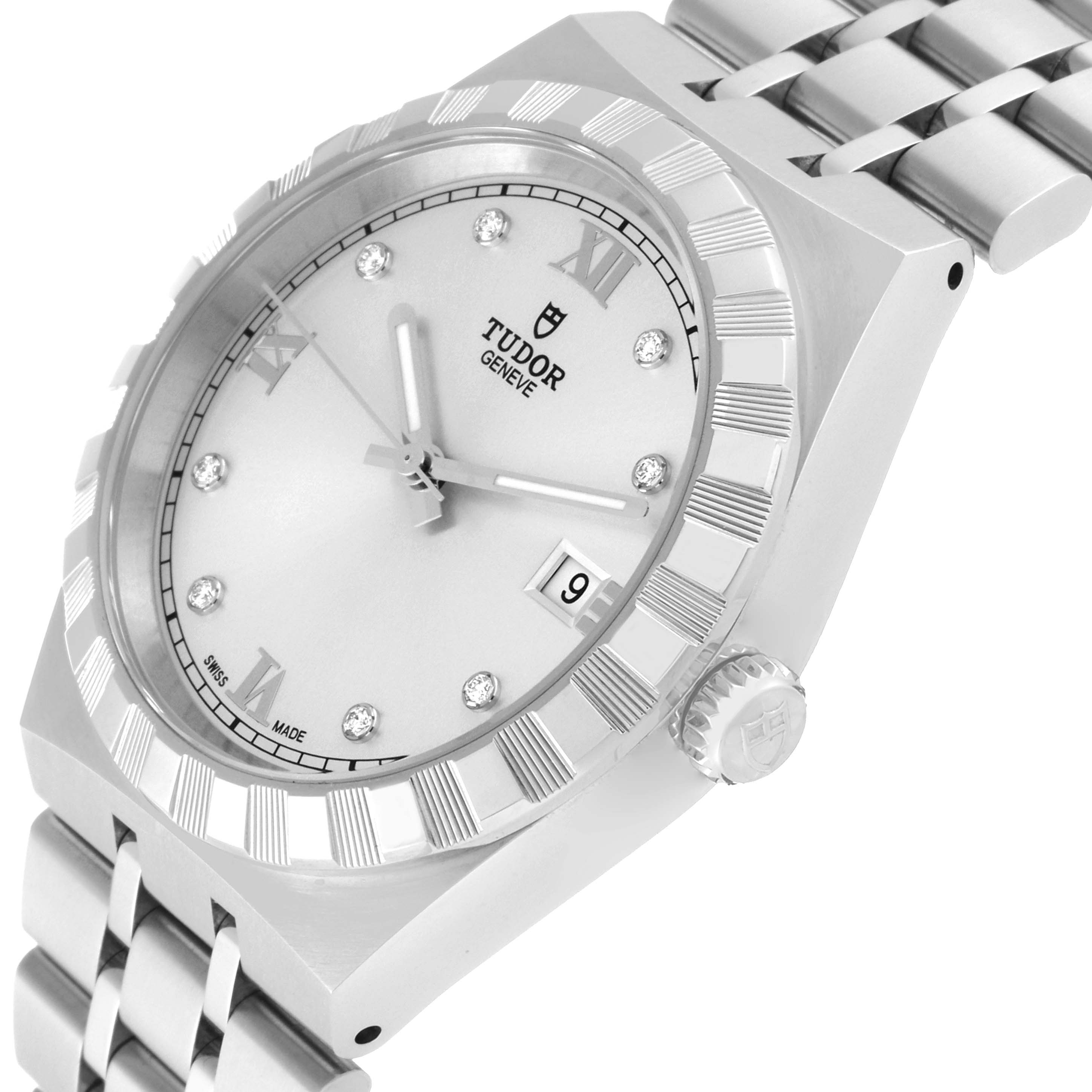 The image shows a close-up angled view of a Tudor Royal 28500 Men
s Stainless Steel Silver Dial 28500 Men
s Stainless Steel Silver Dial watch with its dial, bezel, case, bracelet, and crown visible.