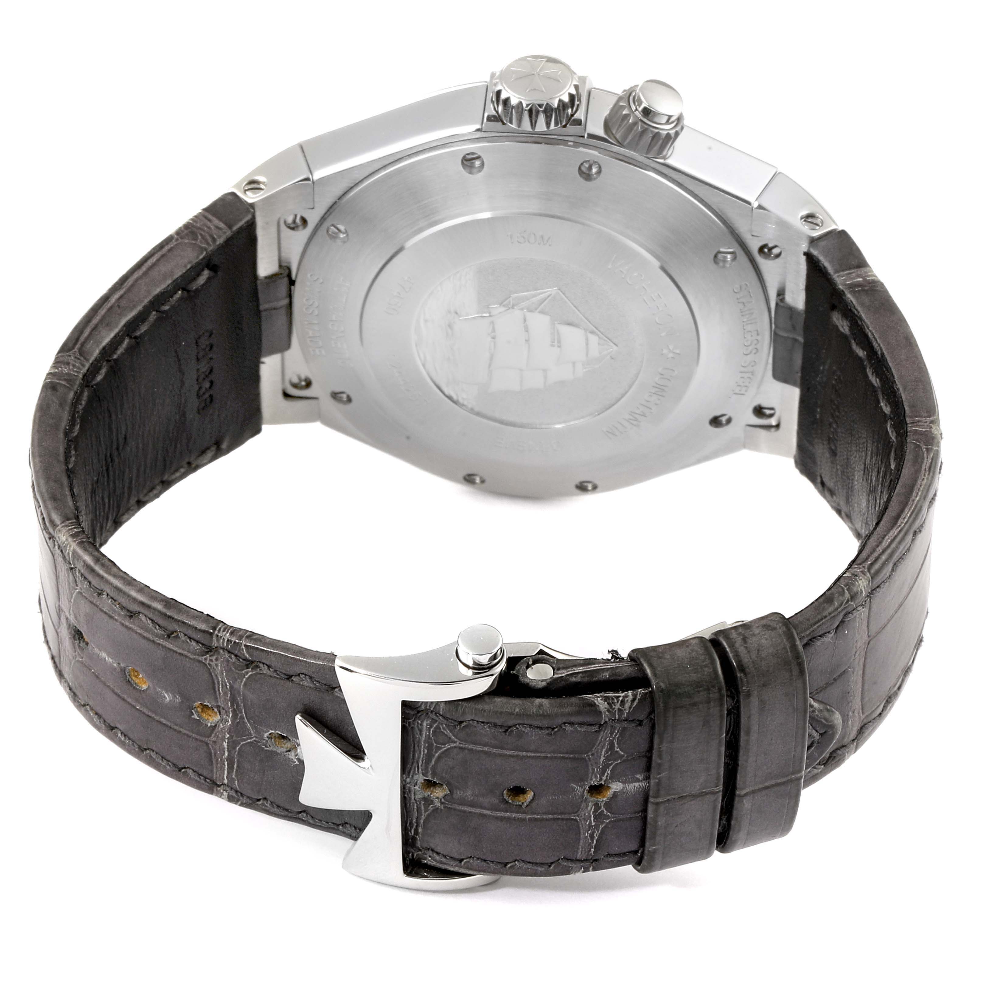 This image shows the back view of the Vacheron Constantin Overseas 47450/000W-9511 Men's Stainless Steel Grey Dial 47450/000W-9511 Men's Stainless Steel Grey Dial watch, focusing on the case back and the leather strap with a clasp.