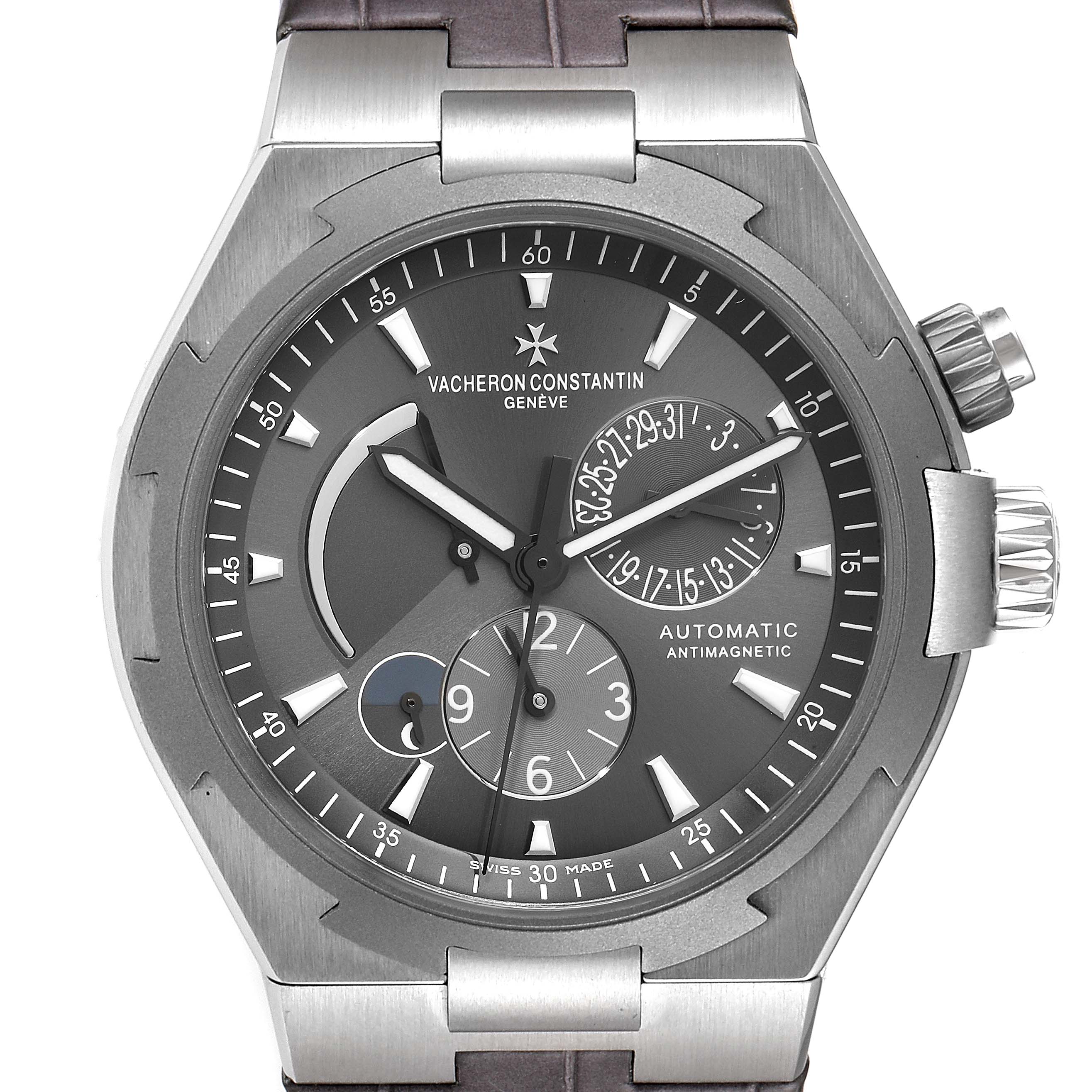 Front view of the Vacheron Constantin Overseas 47450/000W-9511 Men's Stainless Steel Grey Dial 47450/000W-9511 Men's Stainless Steel Grey Dial model watch showing its dial, hour markers, and pushers.