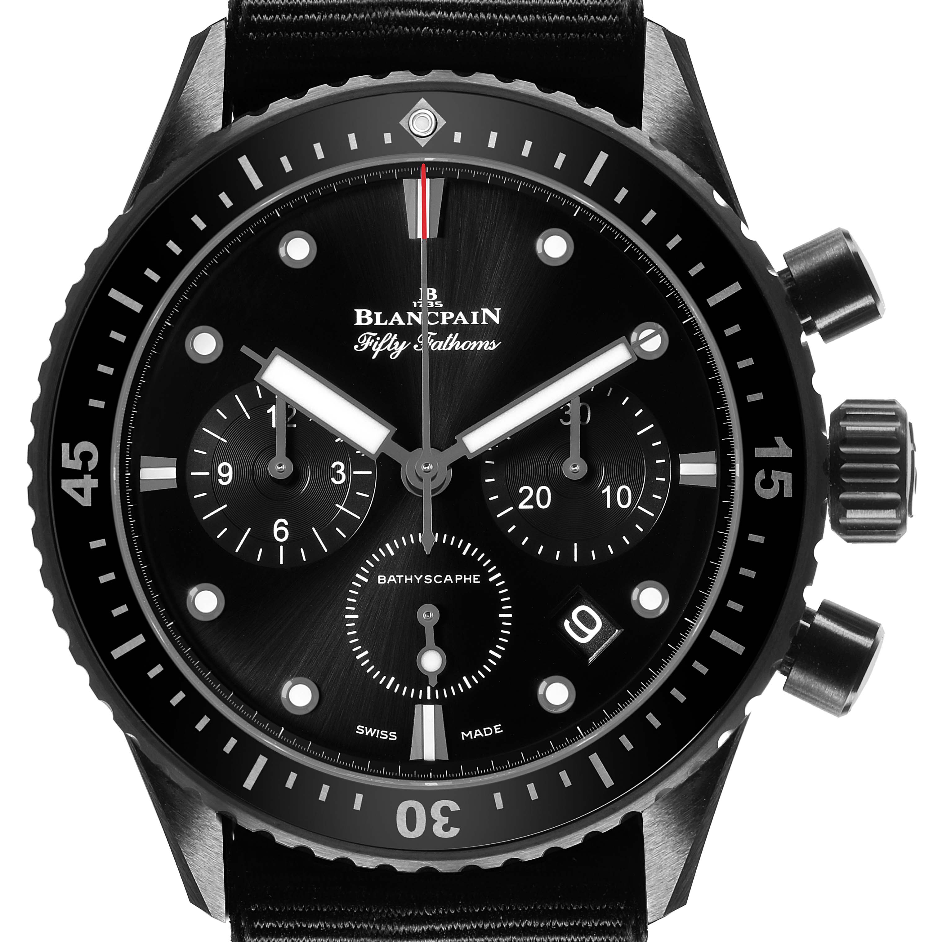 The image shows a frontal view of the Blancpain Fifty Fathoms 5200-0130-NABA Men's Ceramic Black Dial watch, highlighting the dial, subdials, bezel, and crown.