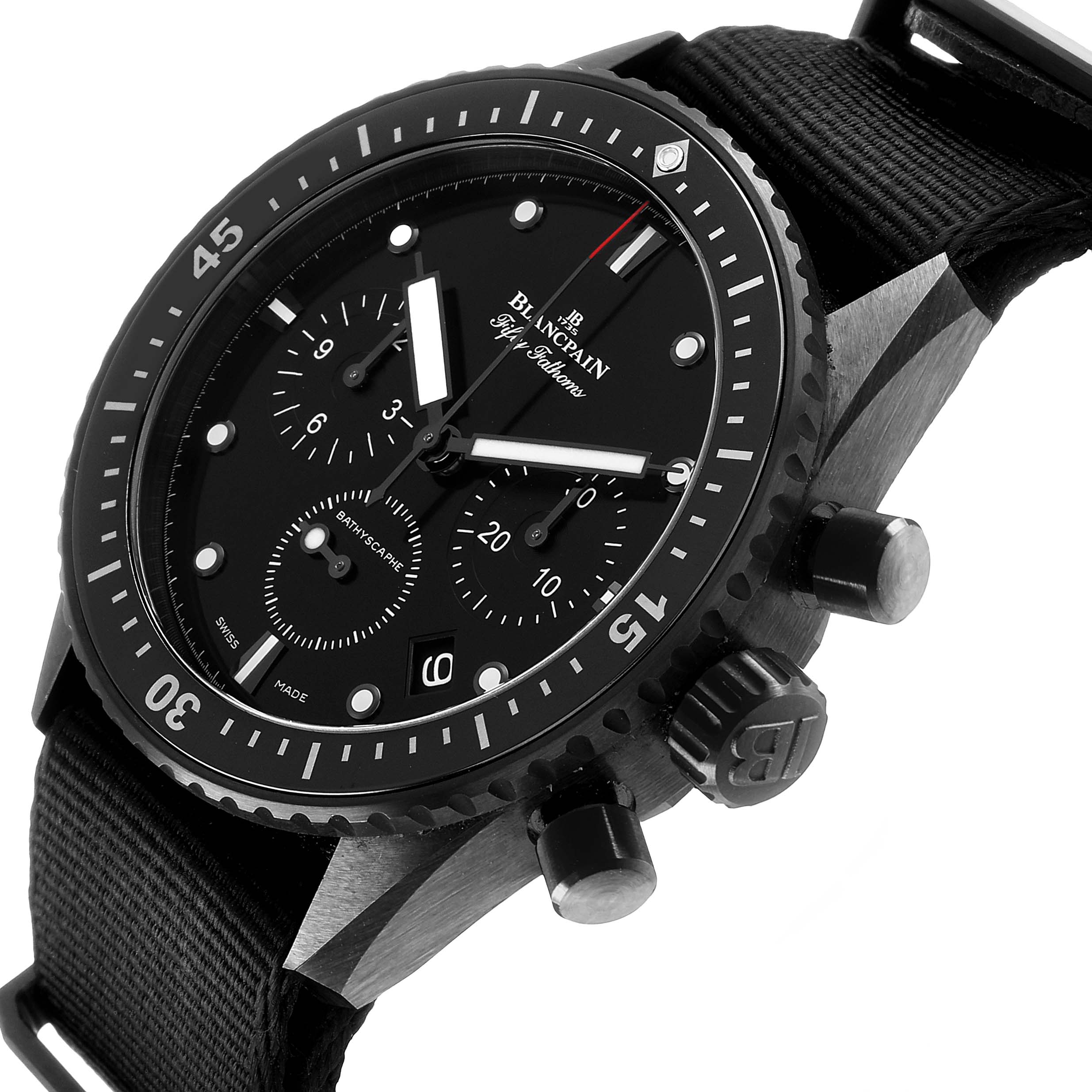 The Blancpain Fifty Fathoms 5200-0130-NABA Men's Ceramic Black Dial watch is shown at an angle highlighting the face, bezel, subdials, pushers, and crown.