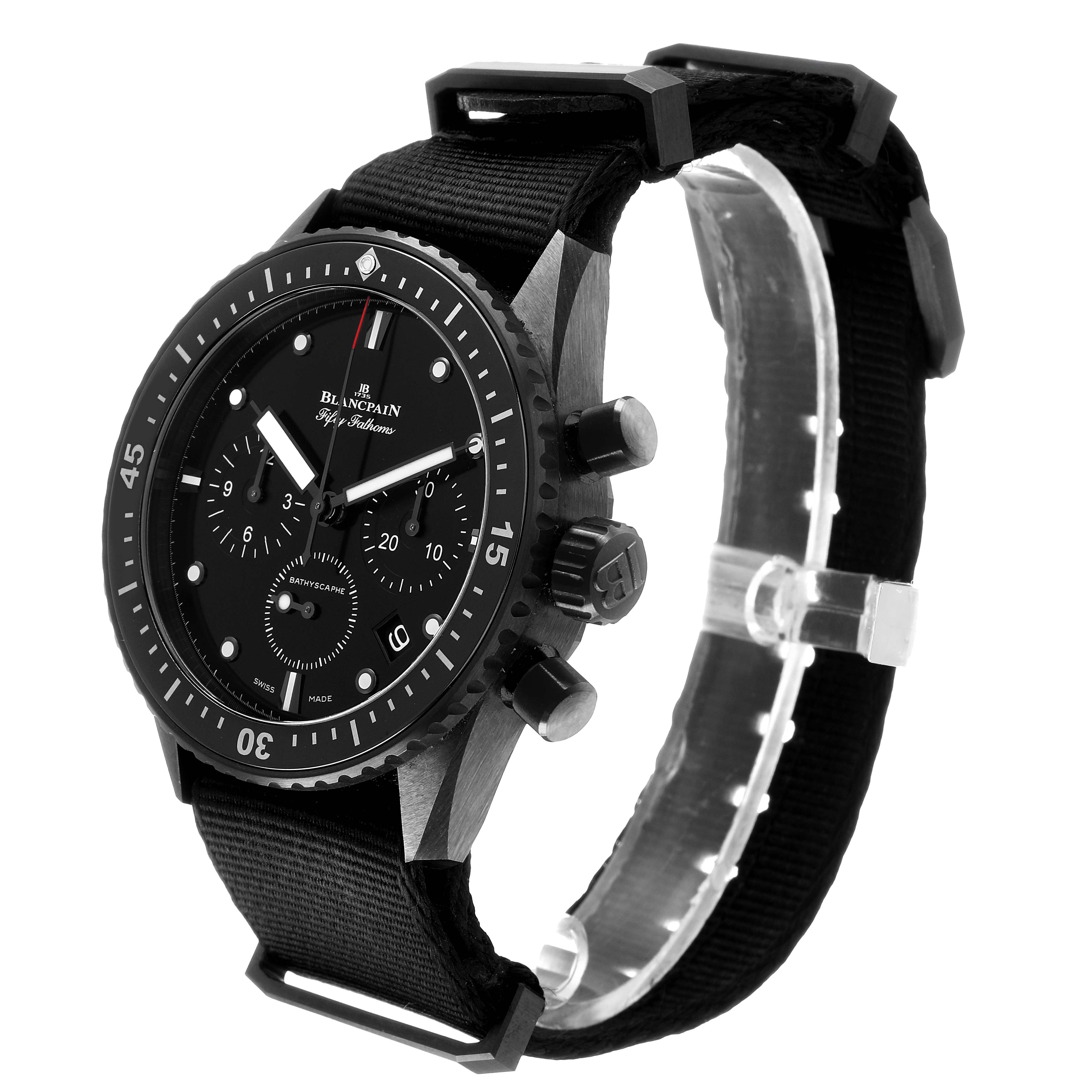 The Blancpain Fifty Fathoms 5200-0130-NABA Men's Ceramic Black Dial watch is displayed at a three-quarter angle, showing the face, bezel, pushers, and strap.