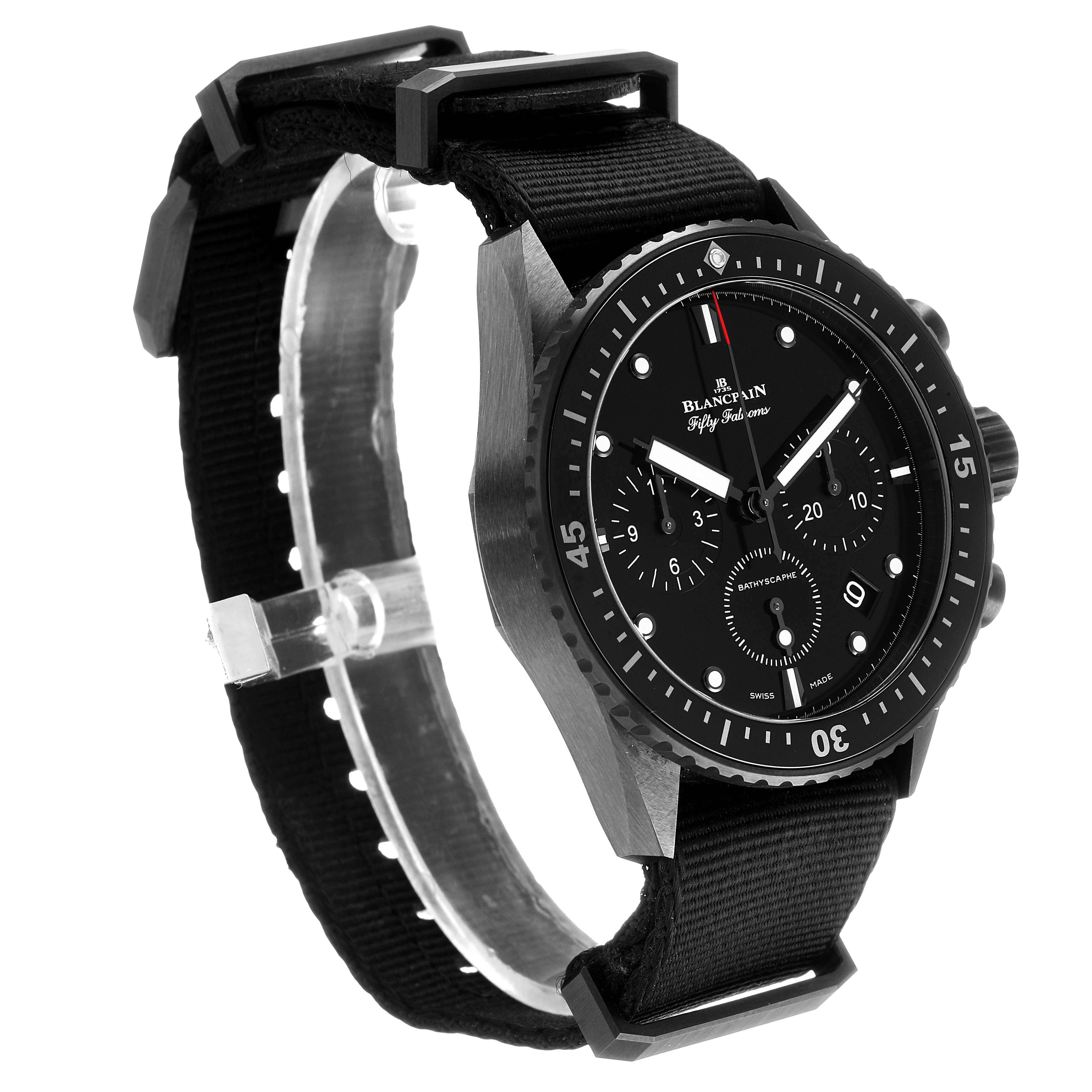 The Blancpain Fifty Fathoms 5200-0130-NABA Men's Ceramic Black Dial watch is shown at a slight angle, displaying the face, bezel, crown, and nylon strap.