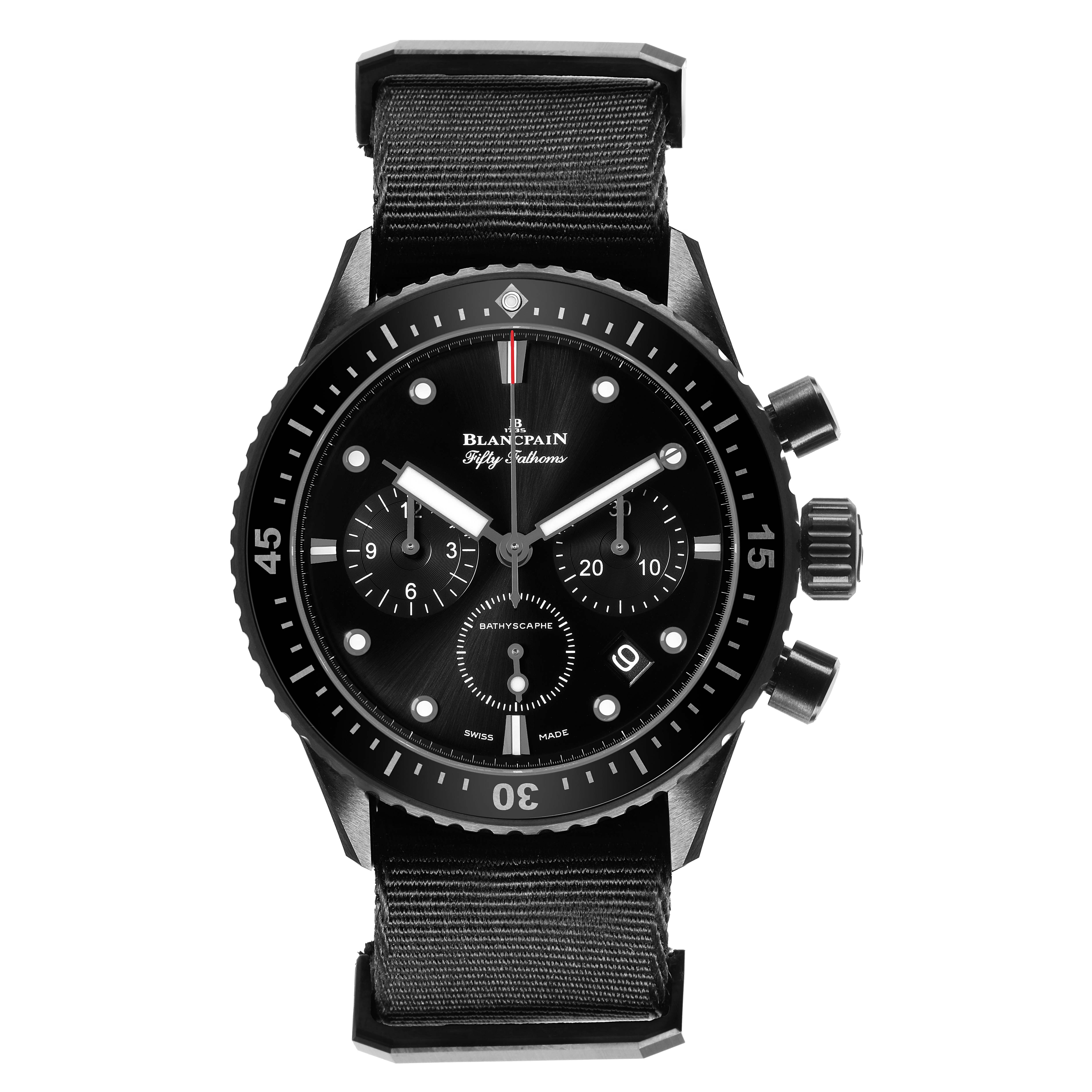 The Blancpain Fifty Fathoms 5200-0130-NABA Men's Ceramic Black Dial watch is shown from a front view, featuring a black dial, chronographs, and a black strap.