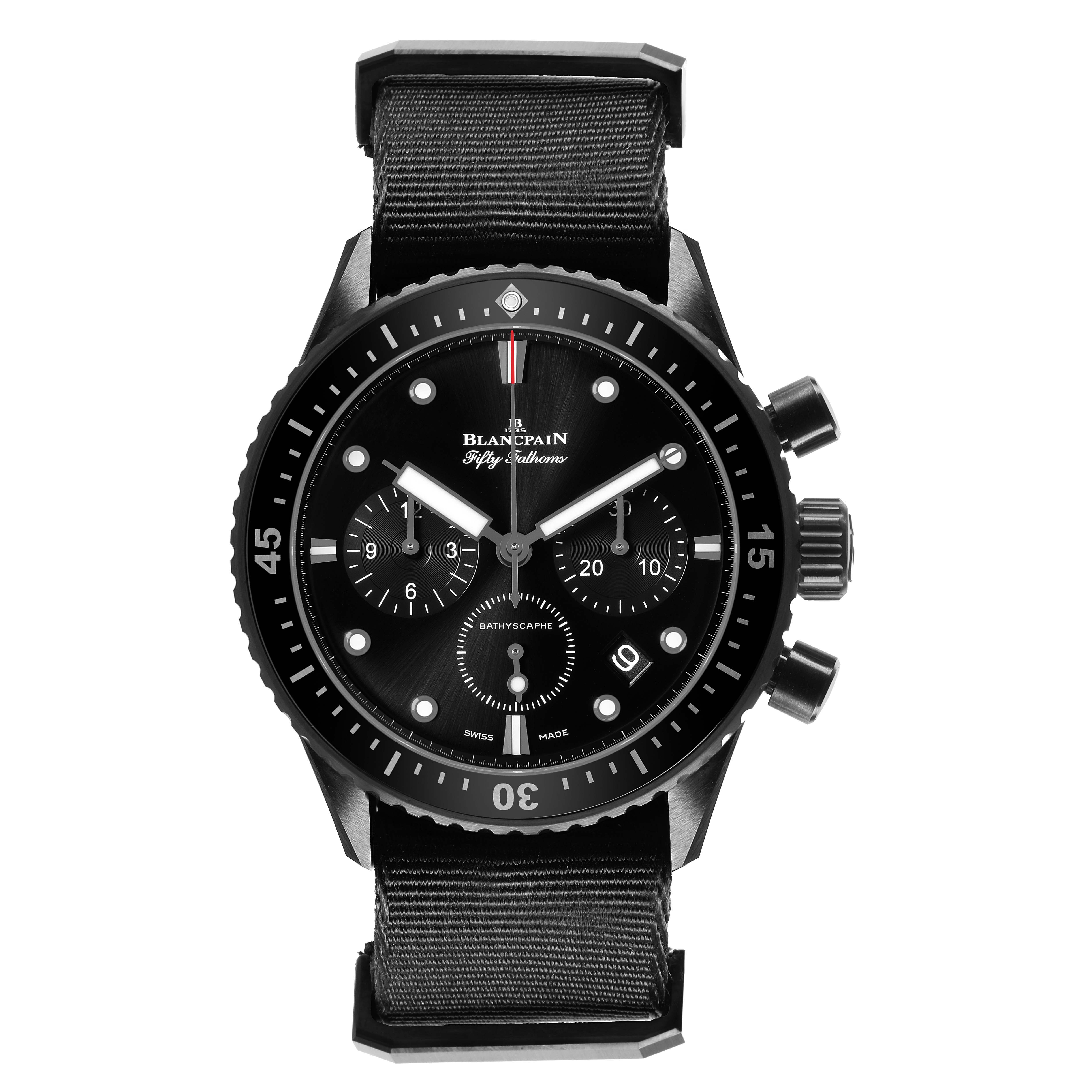 The Blancpain Fifty Fathoms 5200-0130-NABA Men's Ceramic Black Dial is shown from a front angle, highlighting the dial, bezel, and pushers.