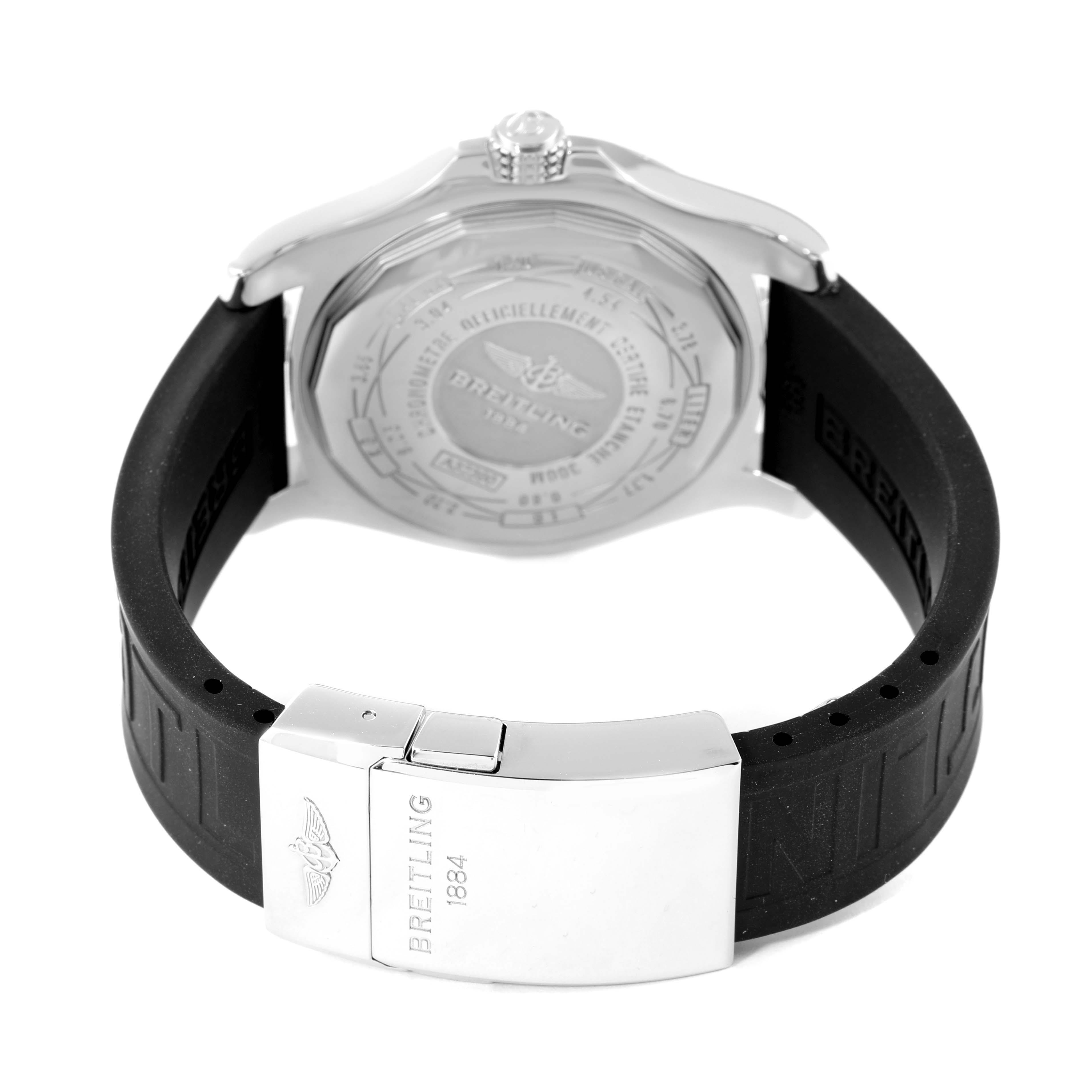 The image shows the rear view of a Breitling Avenger A3239011/G778-200S Men's Stainless Steel Beige Dial A3239011/G778-200S Men's Stainless Steel Beige Dial watch, focusing on the case back and a black rubber strap with a metal clasp.