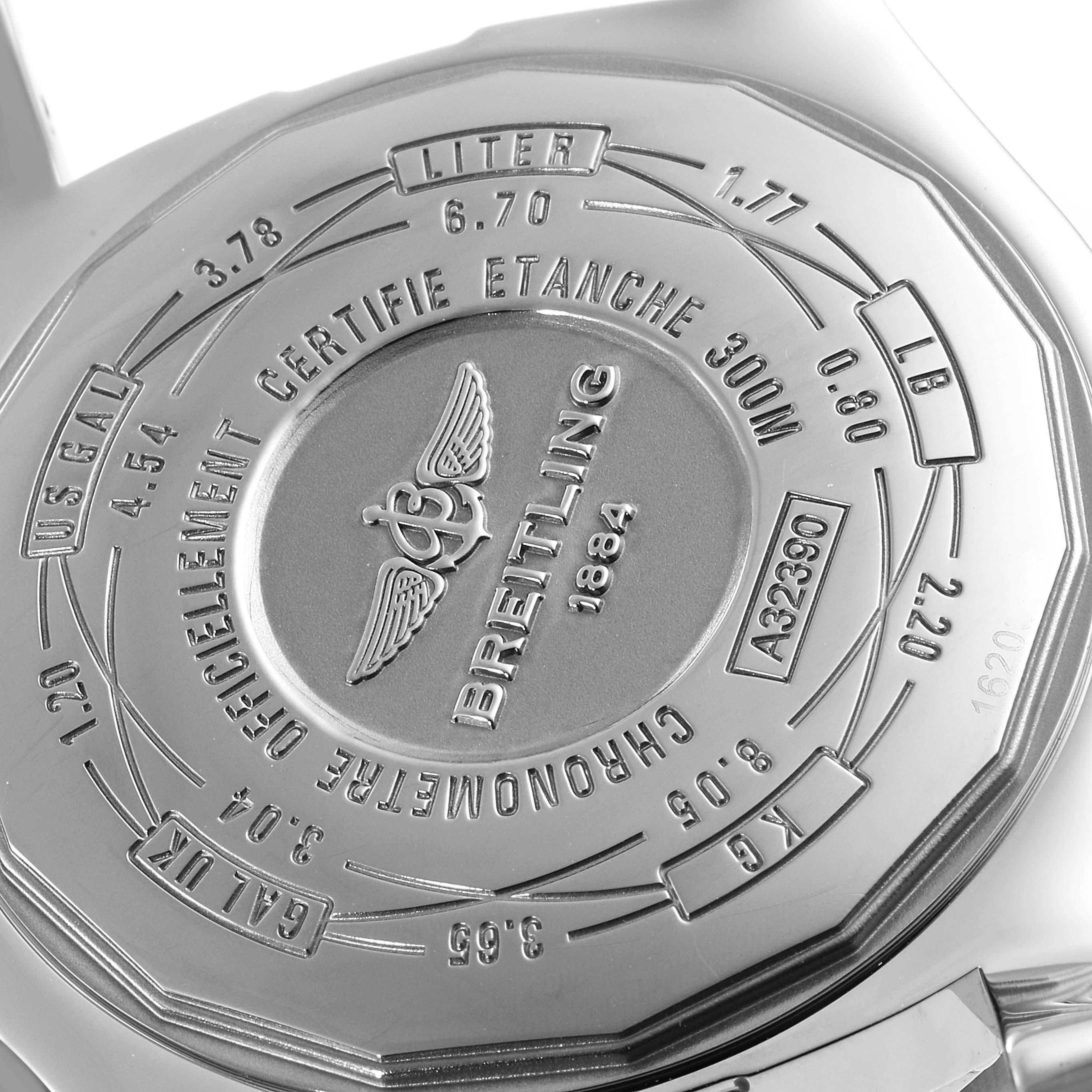 The image shows the case back of a Breitling Avenger A3239011/G778-200S Men's Stainless Steel Beige Dial A3239011/G778-200S Men's Stainless Steel Beige Dial watch with detailed engravings and specifications.