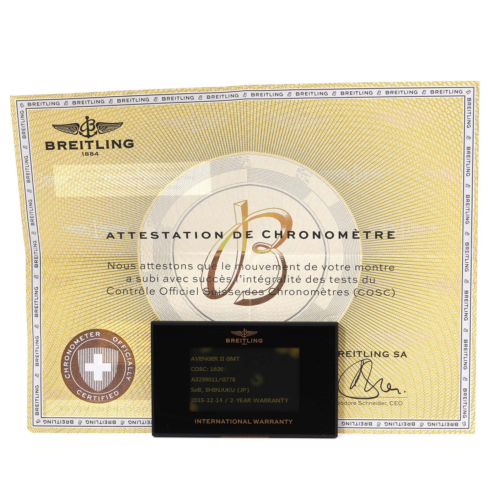 The image shows the warranty card and chronometer certificate for a Breitling Avenger A3239011/G778-200S Men's Stainless Steel Beige Dial A3239011/G778-200S Men's Stainless Steel Beige Dial II GMT watch.