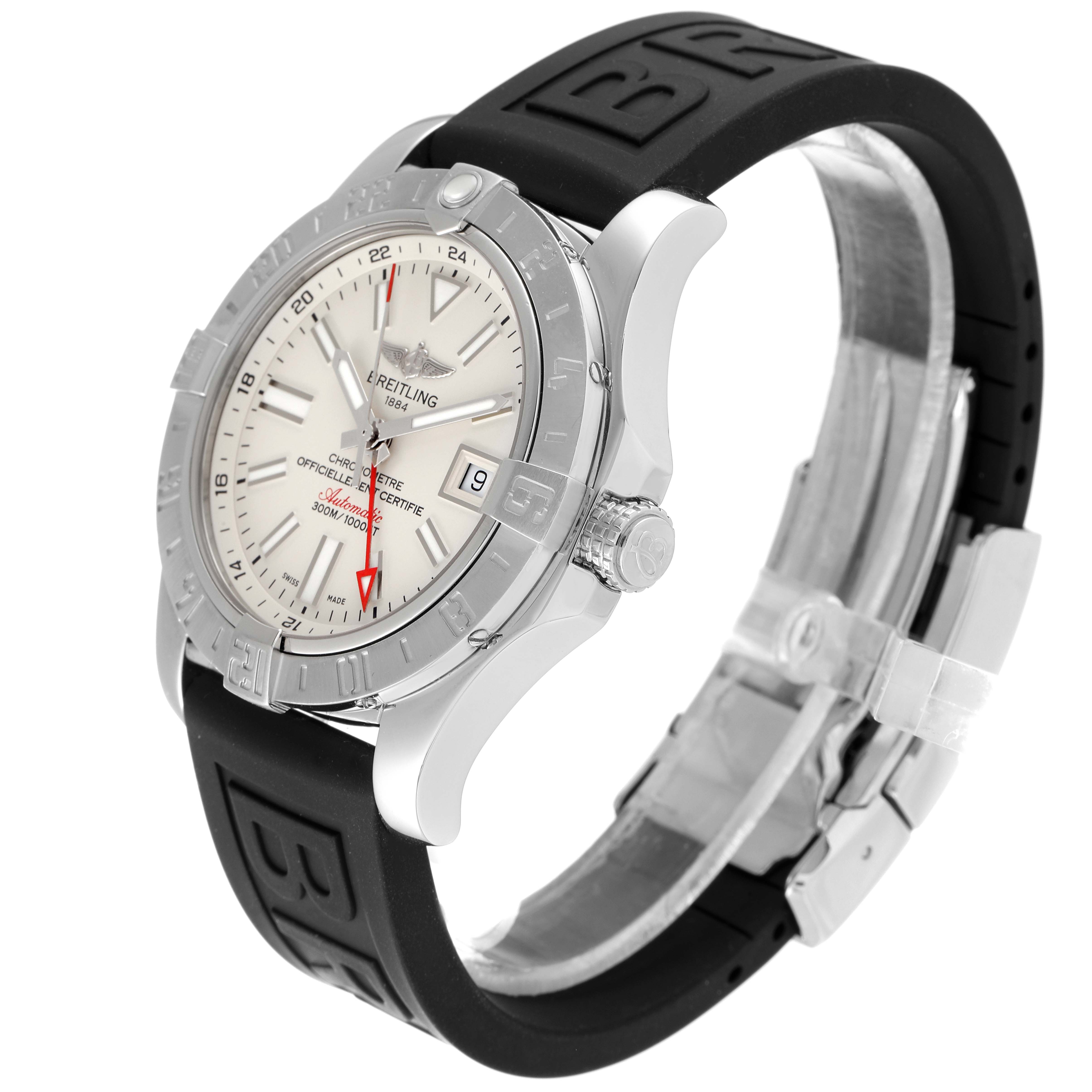 The image shows a Breitling Avenger A3239011/G778-200S Men's Stainless Steel Beige Dial A3239011/G778-200S Men's Stainless Steel Beige Dial watch at a slight side angle, highlighting its face, bezel, crown, and rubber strap.