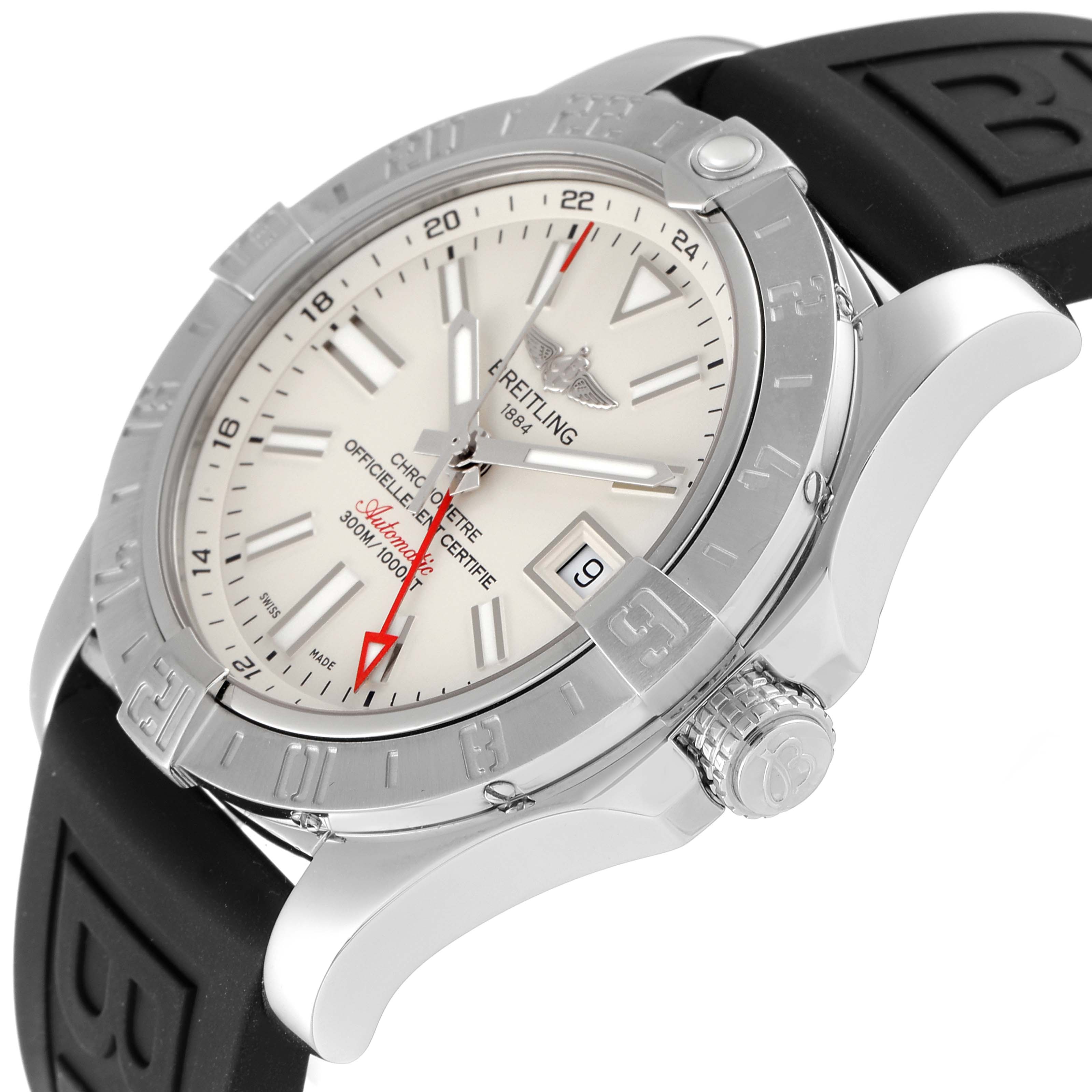 The Breitling Avenger A3239011/G778-200S Men's Stainless Steel Beige Dial A3239011/G778-200S Men's Stainless Steel Beige Dial watch is shown from a side angle, highlighting the dial, bezel, crown, and black rubber strap.