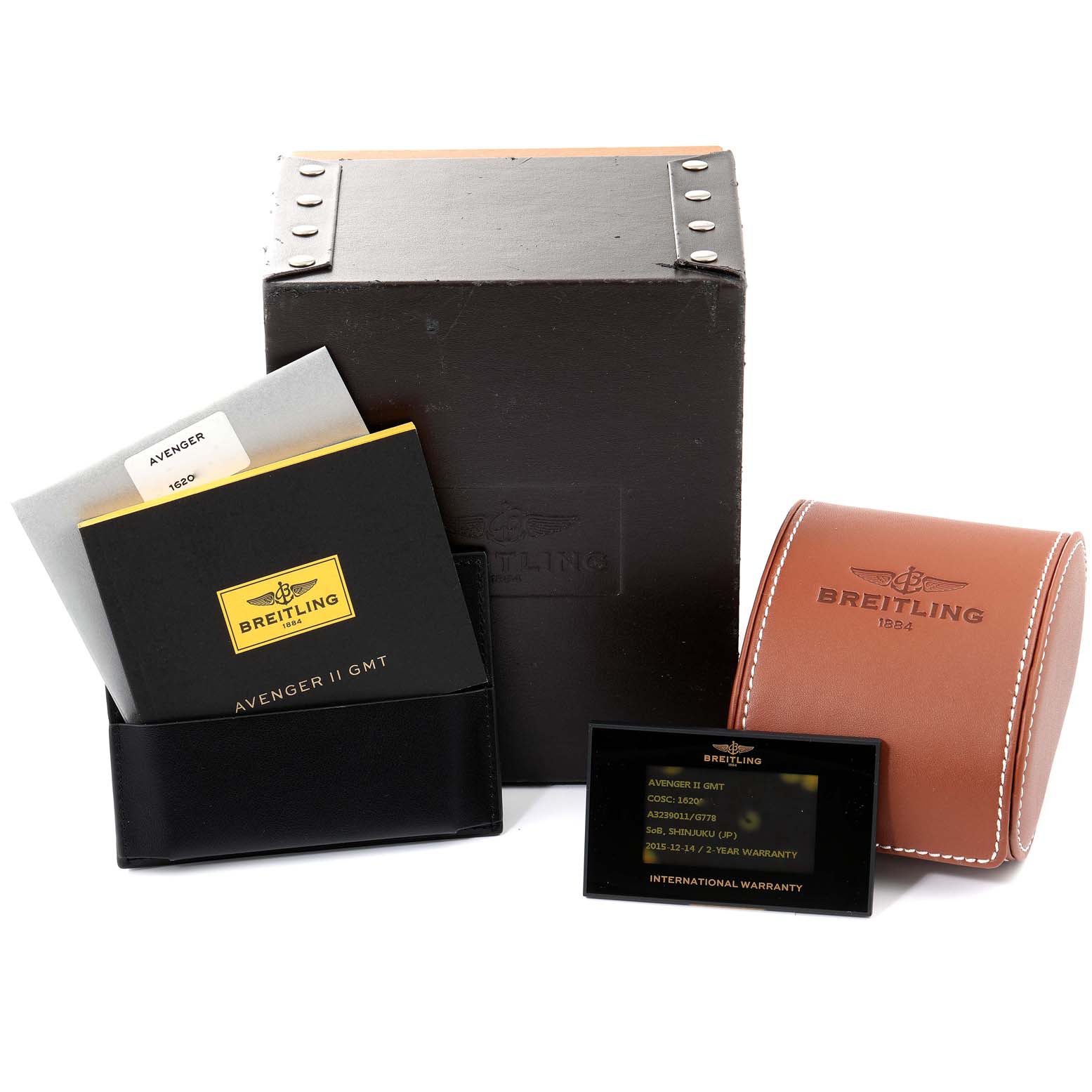 The image shows the packaging, manuals, warranty card, and a leather case for the Breitling Avenger A3239011/G778-200S Men's Stainless Steel Beige Dial A3239011/G778-200S Men's Stainless Steel Beige Dial II GMT watch.