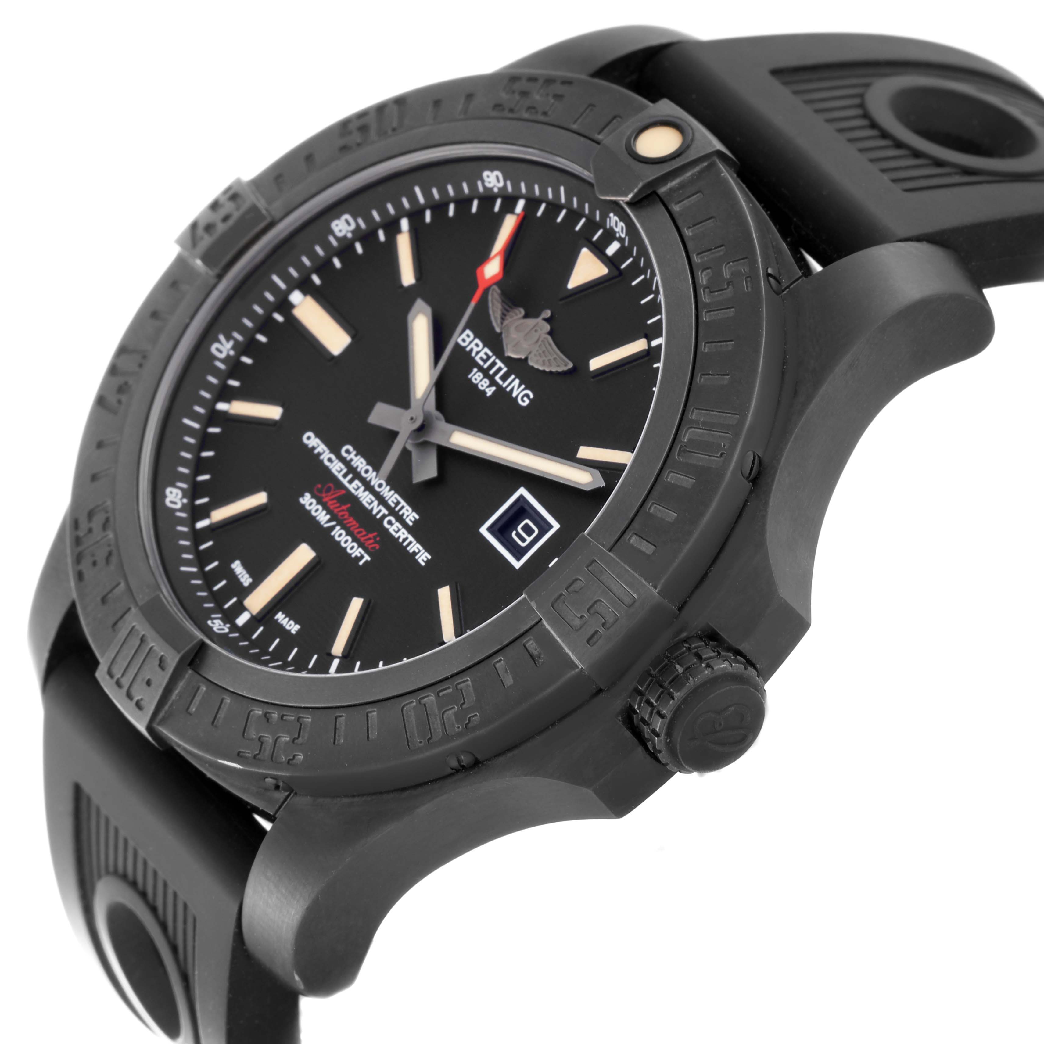 This Breitling Avenger V17310 Men's Titanium Black Dial V17310 Men's Titanium Black Dial watch is shown from an angled view, highlighting the face, bezel, crown, and part of the rubber strap.