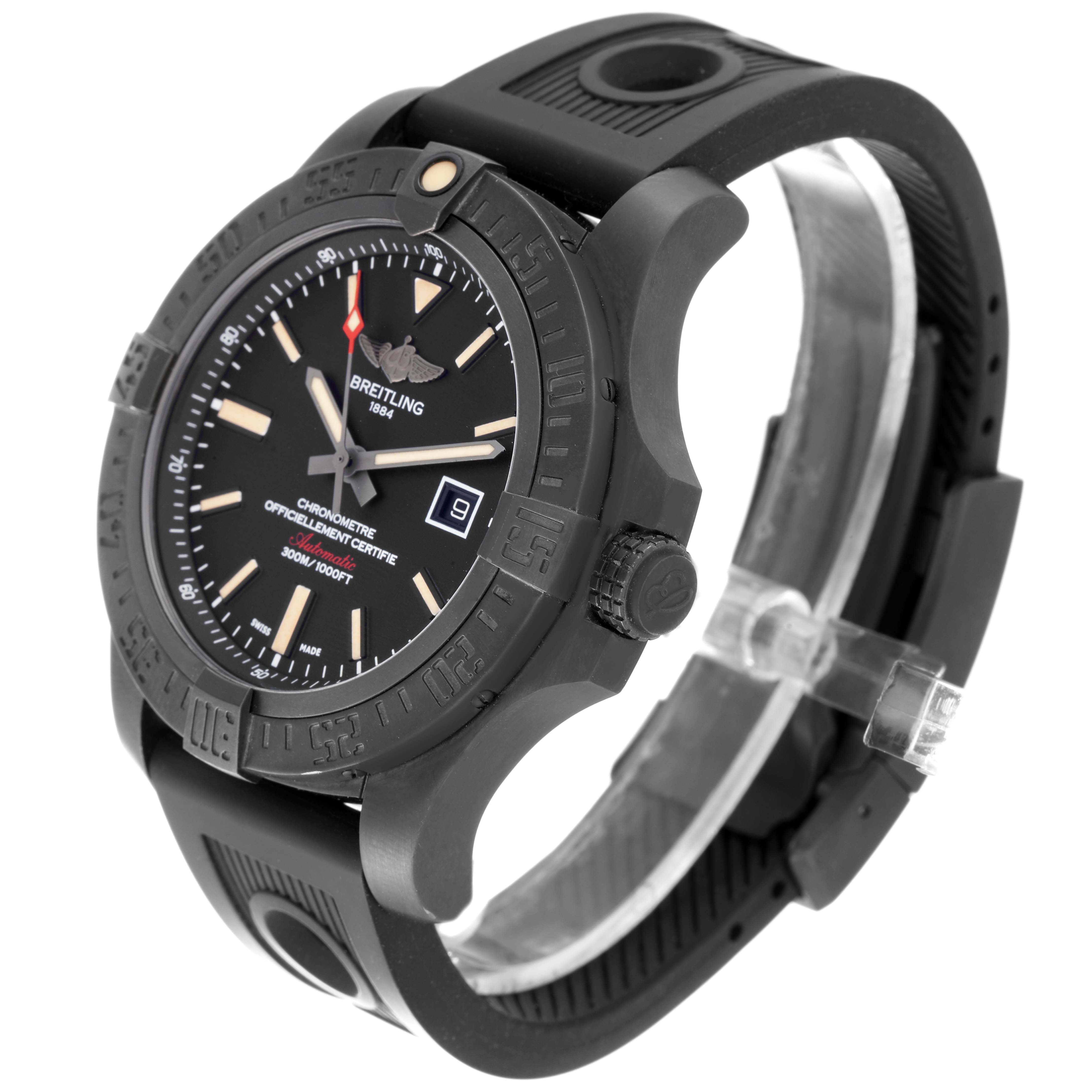 The image shows a Breitling Avenger V17310 Men's Titanium Black Dial V17310 Men's Titanium Black Dial watch at a three-quarter angle, highlighting its black case, dial, bezel, and rubber strap.