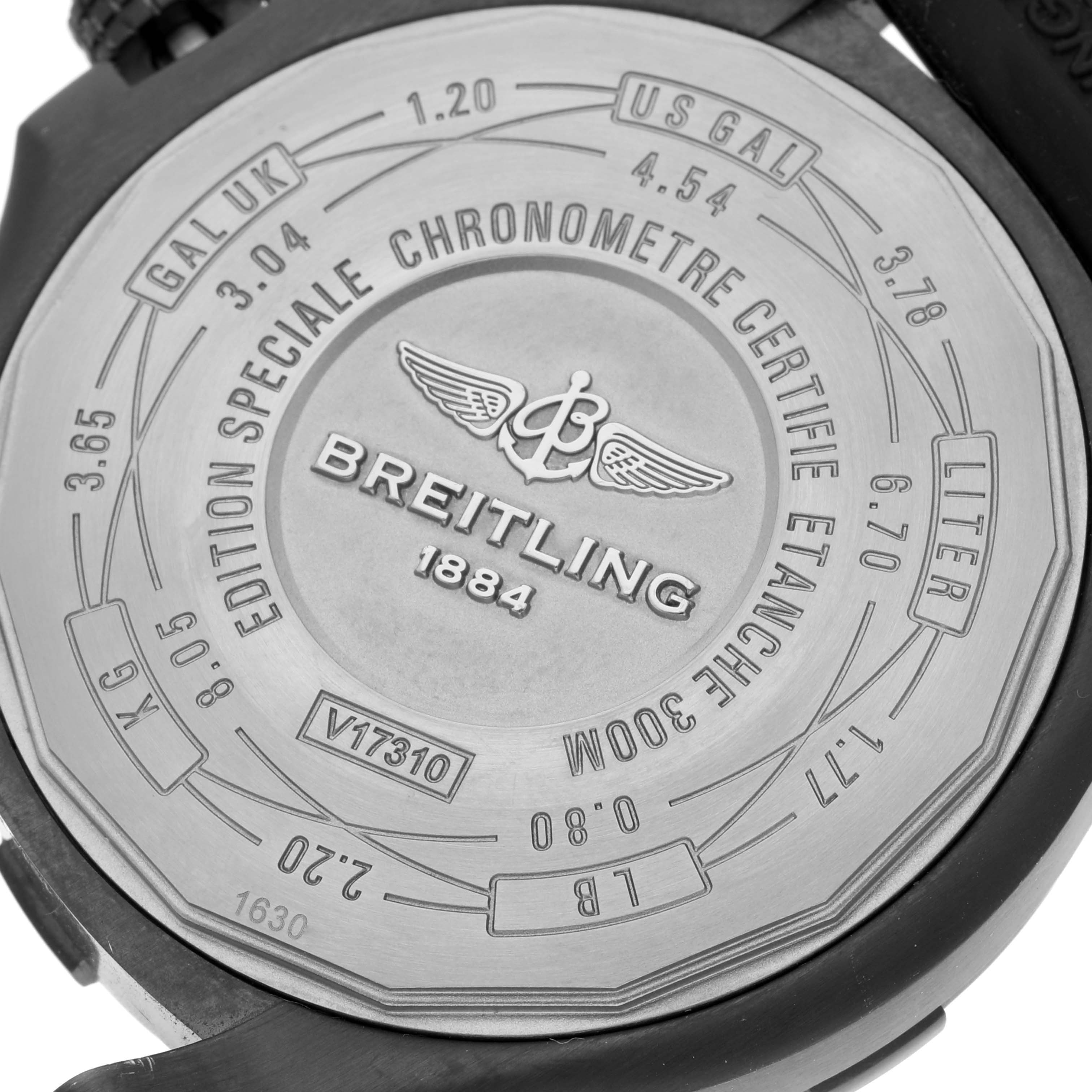 The image shows the back case of an Avenger model by Breitling, highlighting its certifications and measurements.