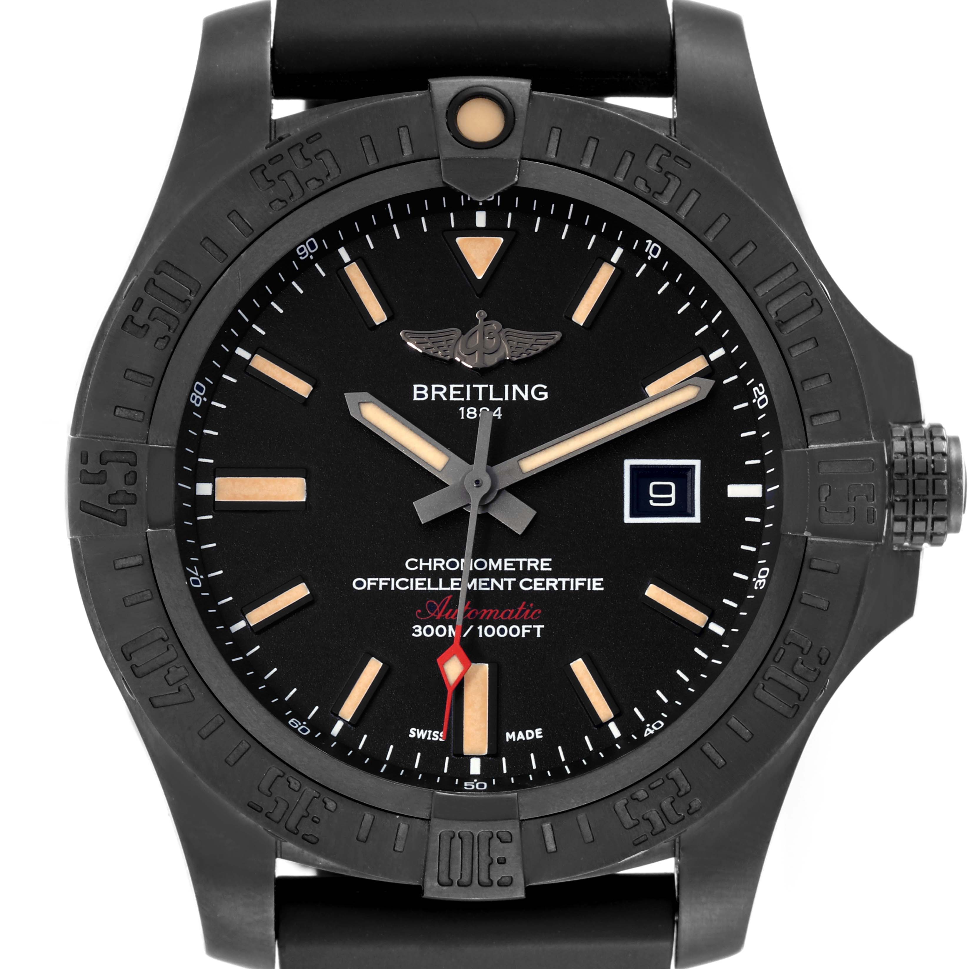This image shows a front view of the Breitling Avenger V17310 Men's Titanium Black Dial V17310 Men's Titanium Black Dial watch, highlighting its dial, bezel, and hands.
