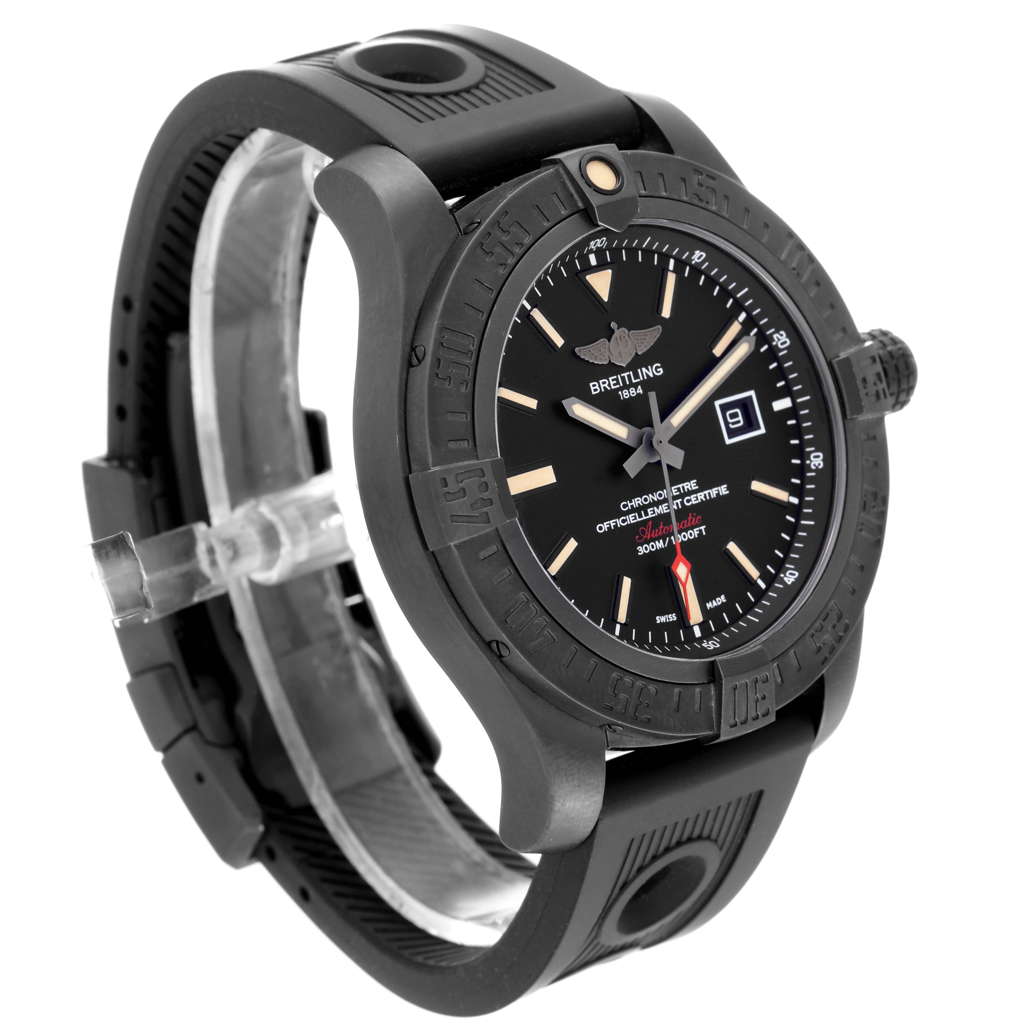 The Breitling Avenger V17310 Men's Titanium Black Dial V17310 Men's Titanium Black Dial watch is shown at a slight side angle, displaying its black dial, bezel, and black rubber strap.