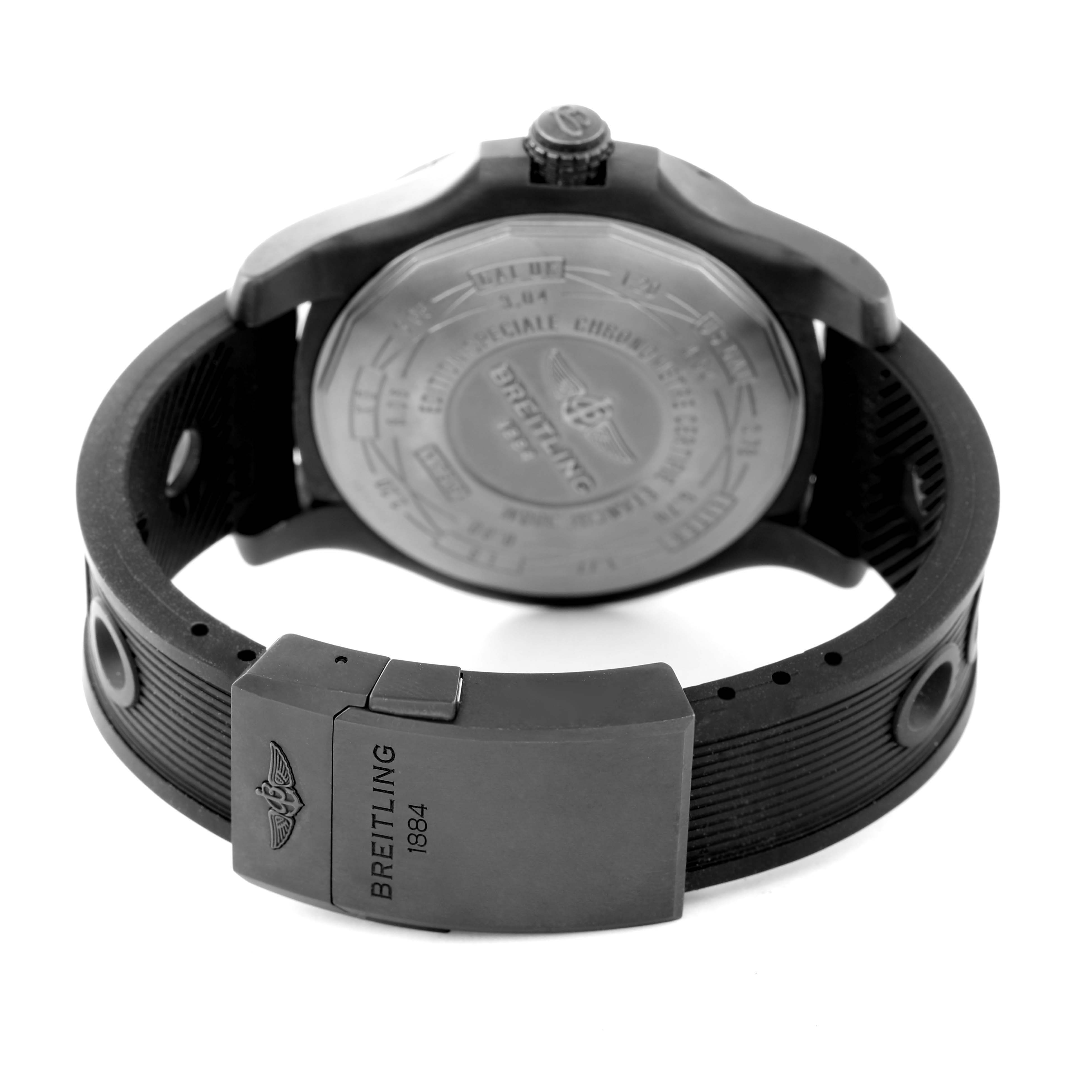 The image shows the back case, crown, and clasp of the Breitling Avenger V17310 Men's Titanium Black Dial V17310 Men's Titanium Black Dial watch.