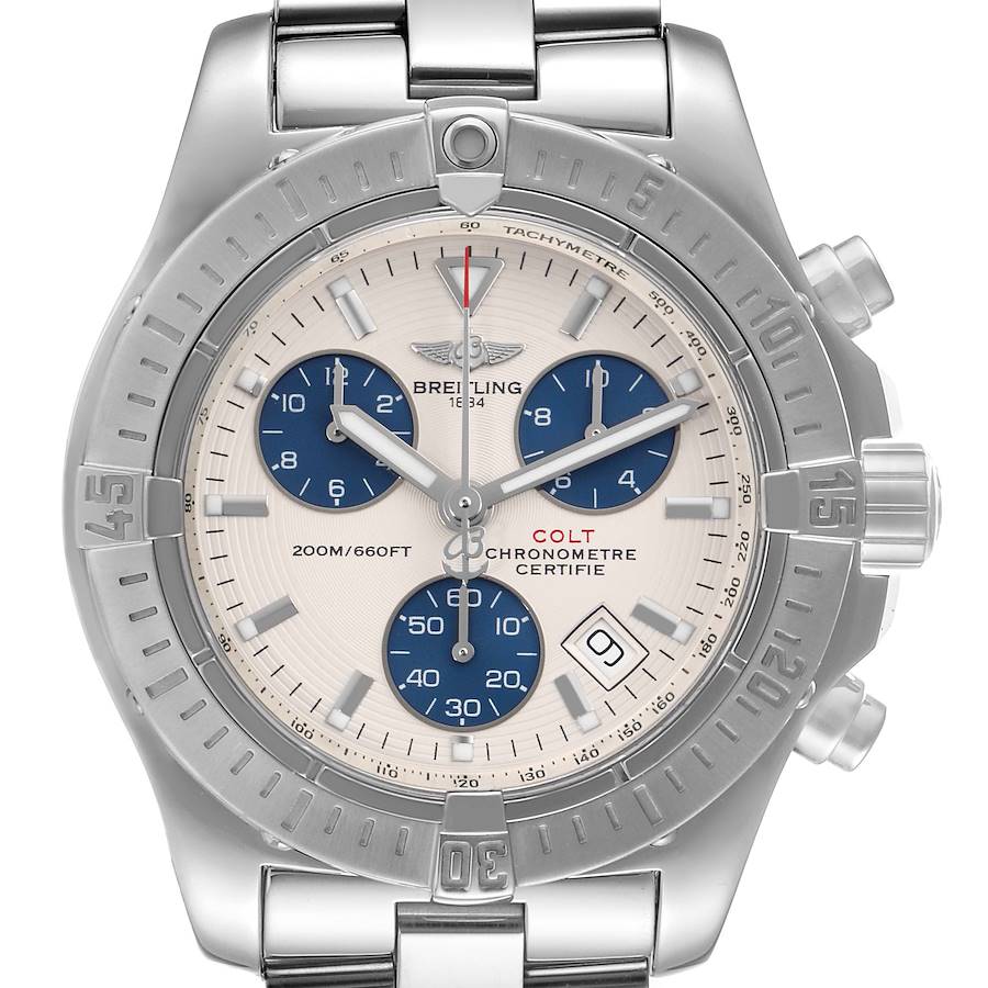 Breitling Colt Chronograph Silver Dial Blue Subdials Steel Mens Watch A73380 SwissWatchExpo