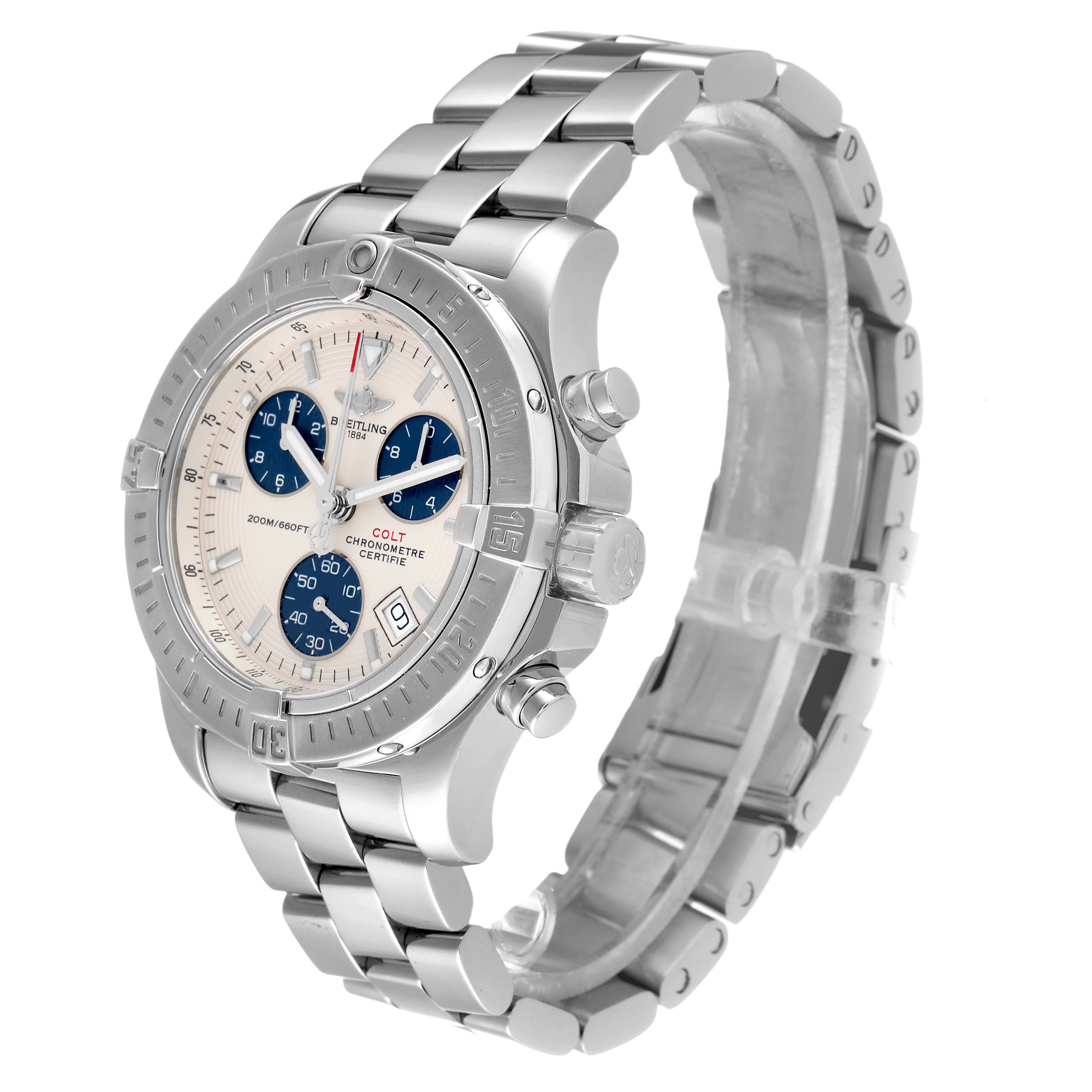 This image shows a side view of the Breitling Colt A73380 Men's Stainless Steel White Dial A73380 Men's Stainless Steel White Dial watch, displaying its stainless steel band, case, and dial.
