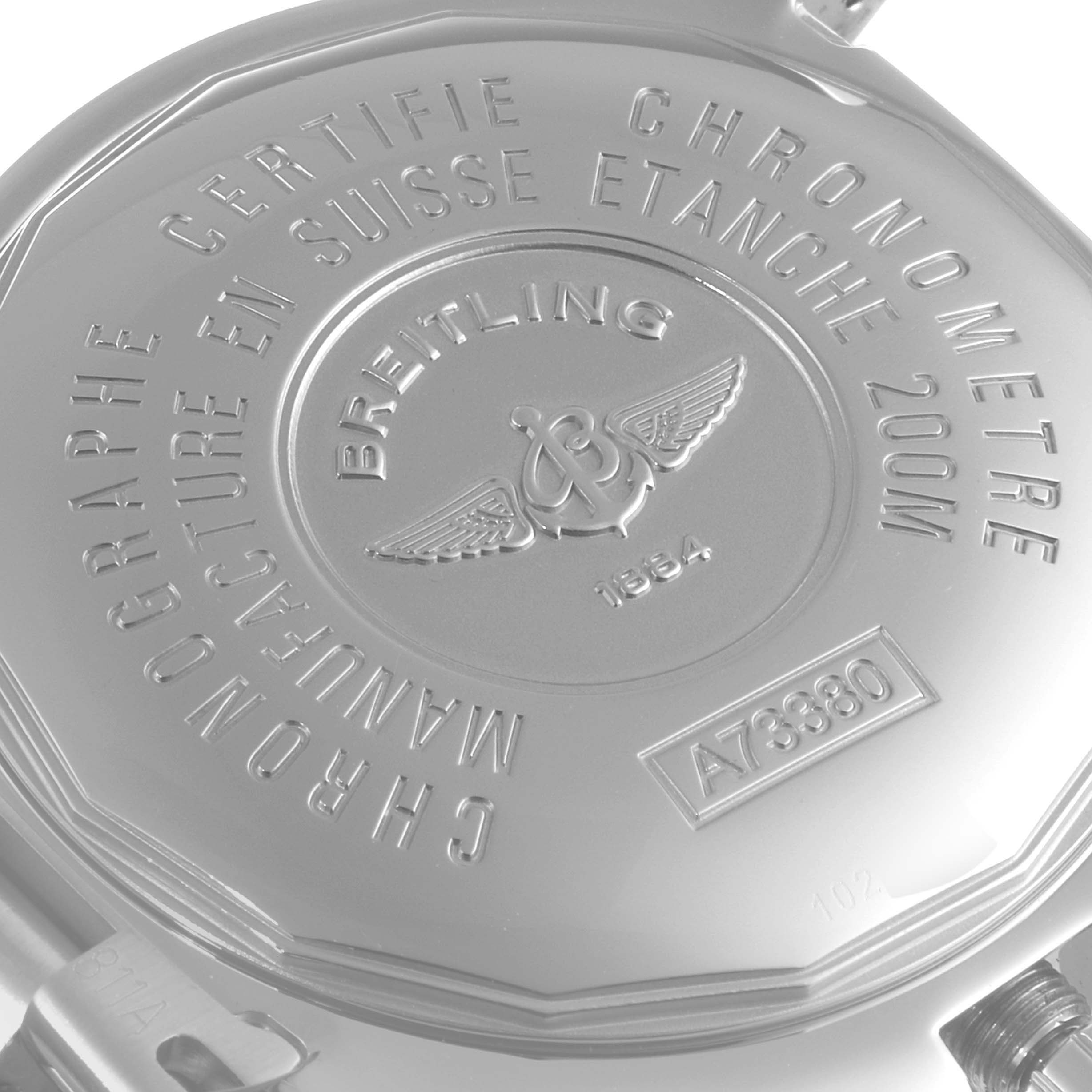 This image shows the back of a Breitling Colt A73380 Men's Stainless Steel White Dial A73380 Men's Stainless Steel White Dial watch, highlighting its engraved details and model information.