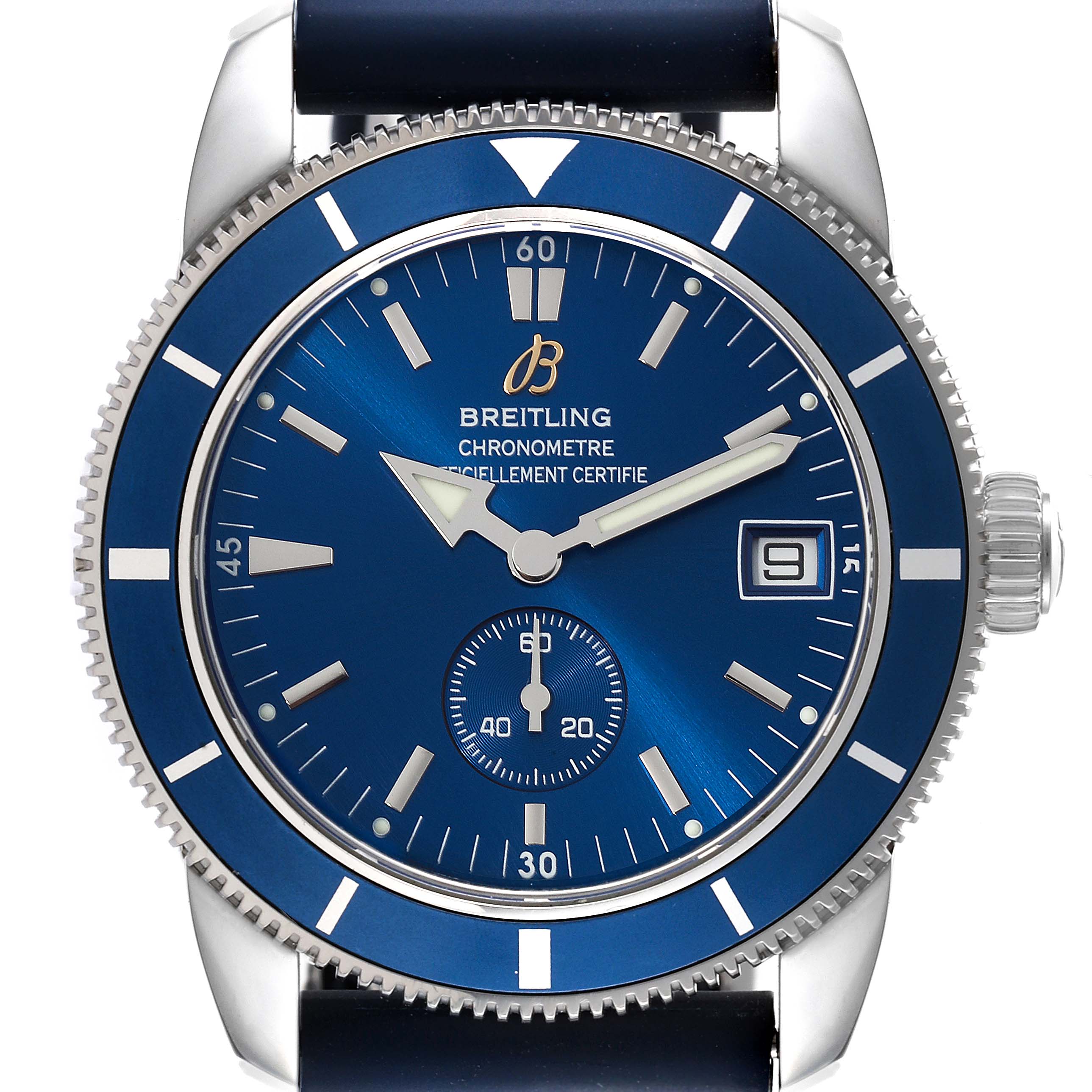 This image shows a frontal view of the Breitling Superocean A3732016/C735 Men's Stainless Steel Blue Dial A3732016/C735 Men's Stainless Steel Blue Dial watch, highlighting its blue dial, bezel, hands, and date window.