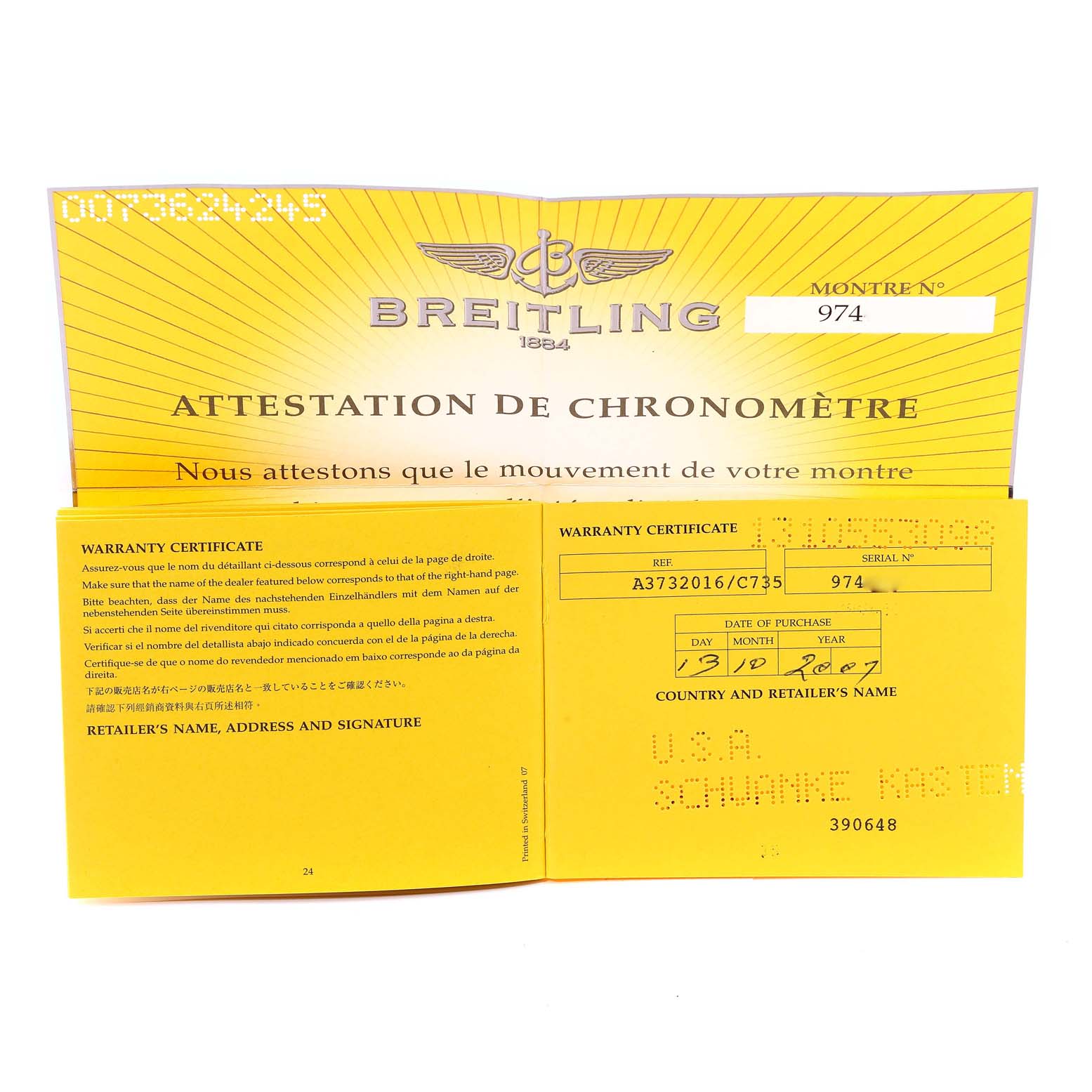 The image shows the warranty certificate and chronometer attestation for the Breitling Superocean A3732016/C735 Men's Stainless Steel Blue Dial A3732016/C735 Men's Stainless Steel Blue Dial watch.
