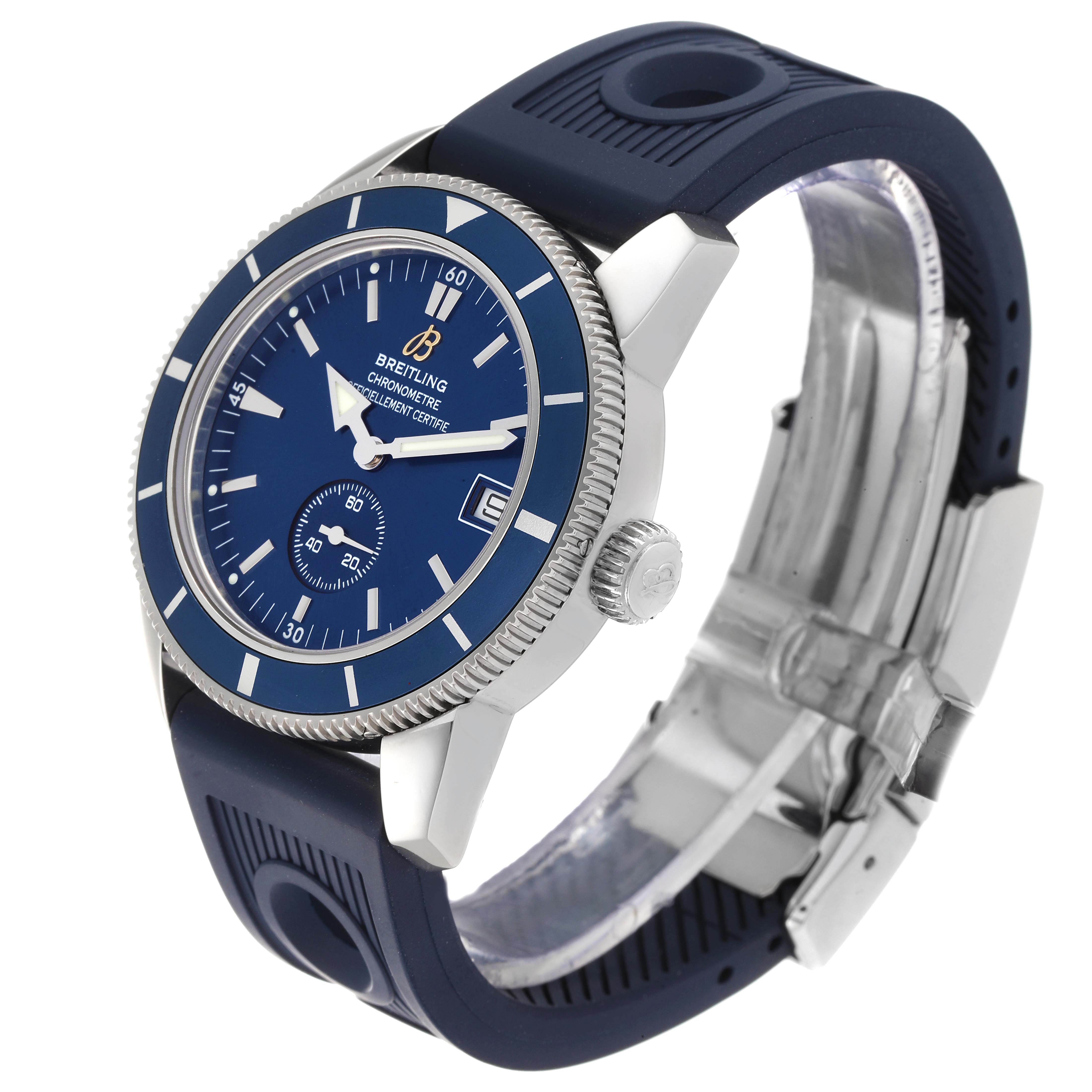 The image shows a side angle of the Breitling Superocean A3732016/C735 Men's Stainless Steel Blue Dial A3732016/C735 Men's Stainless Steel Blue Dial watch, highlighting its blue dial, rubber strap, and crown.