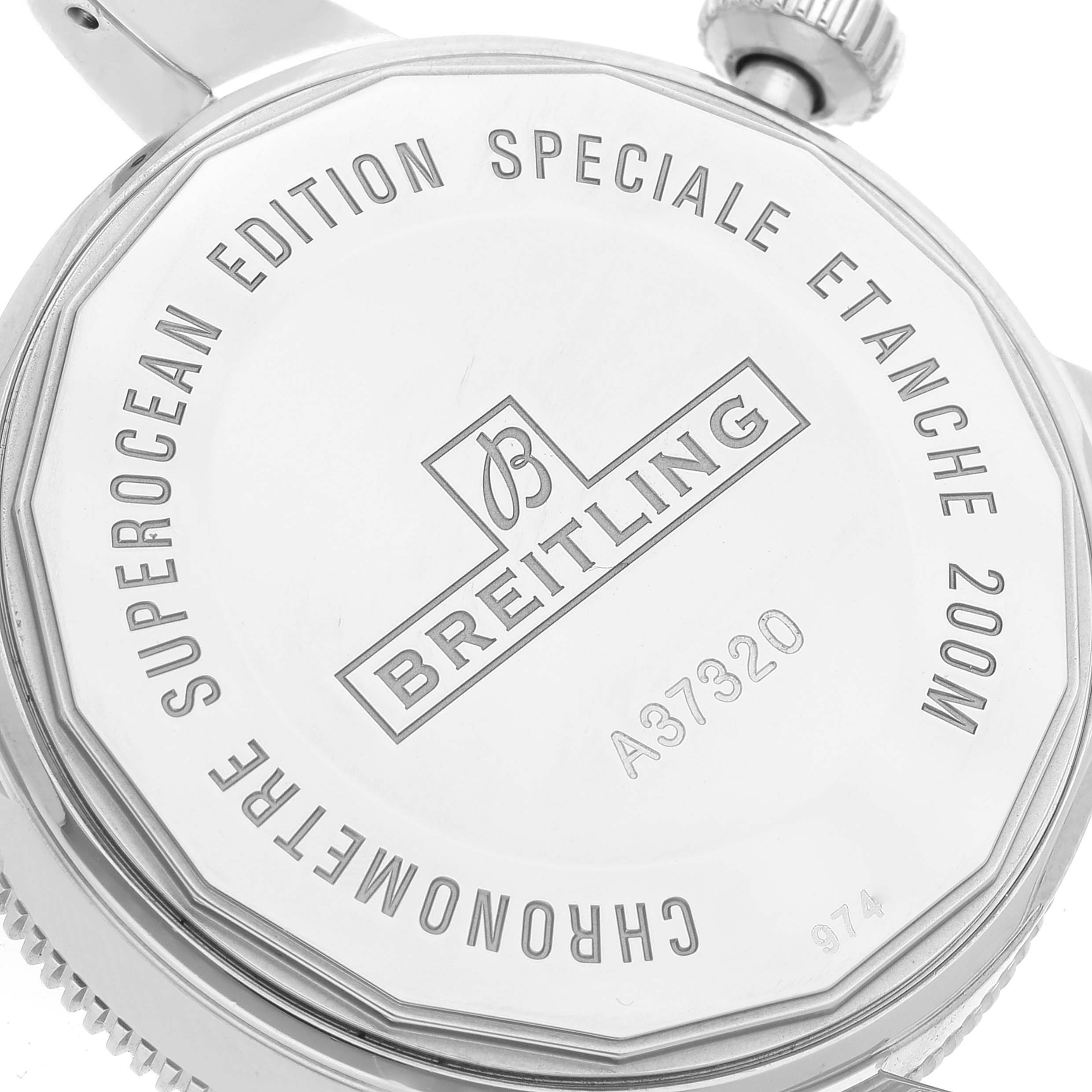 The image shows the case back of the Breitling Superocean A3732016/C735 Men's Stainless Steel Blue Dial A3732016/C735 Men's Stainless Steel Blue Dial watch, detailing model information and brand engraving.