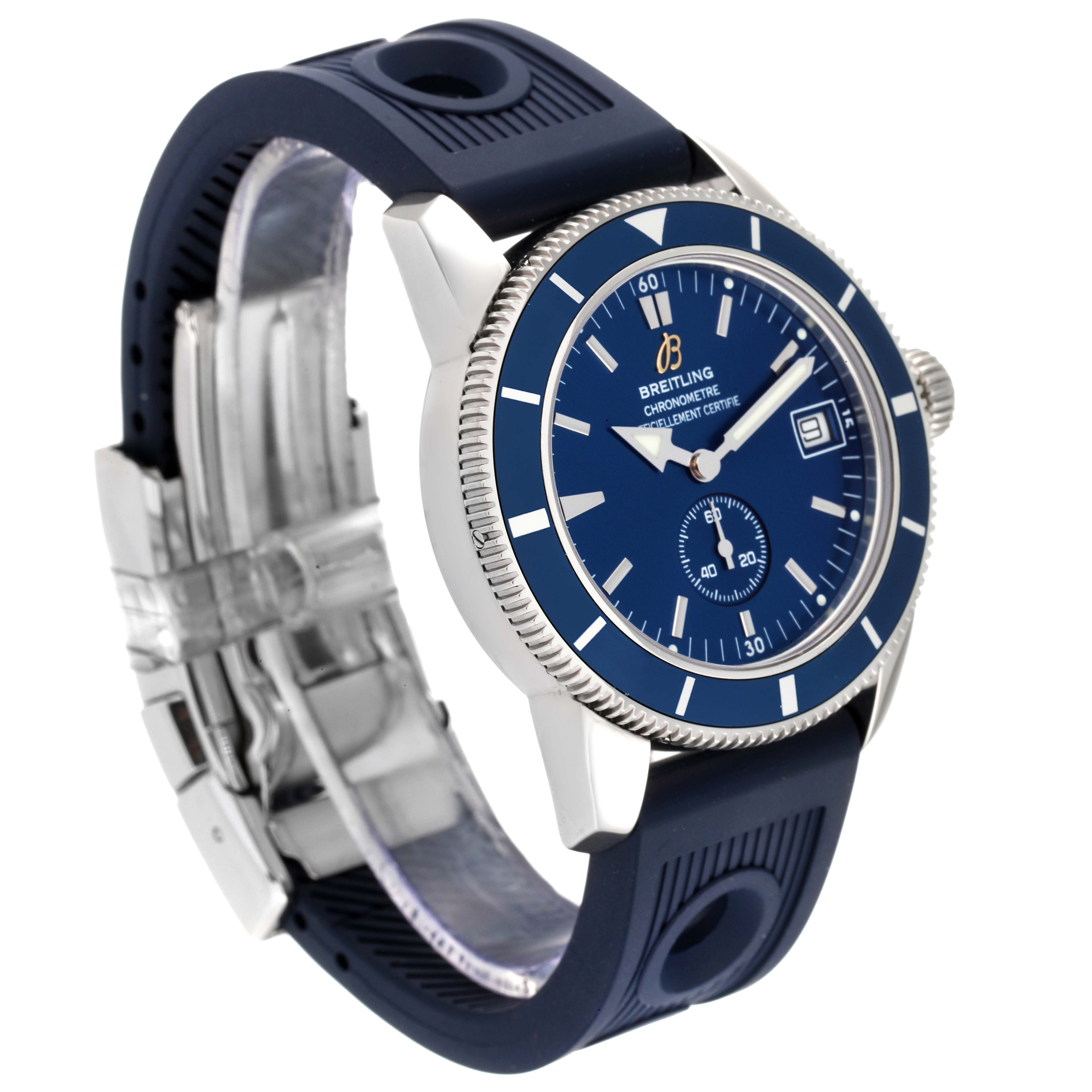 The image shows a side angle of the Breitling Superocean A3732016/C735 Men's Stainless Steel Blue Dial A3732016/C735 Men's Stainless Steel Blue Dial watch, displaying its blue dial, bezel, and rubber strap.