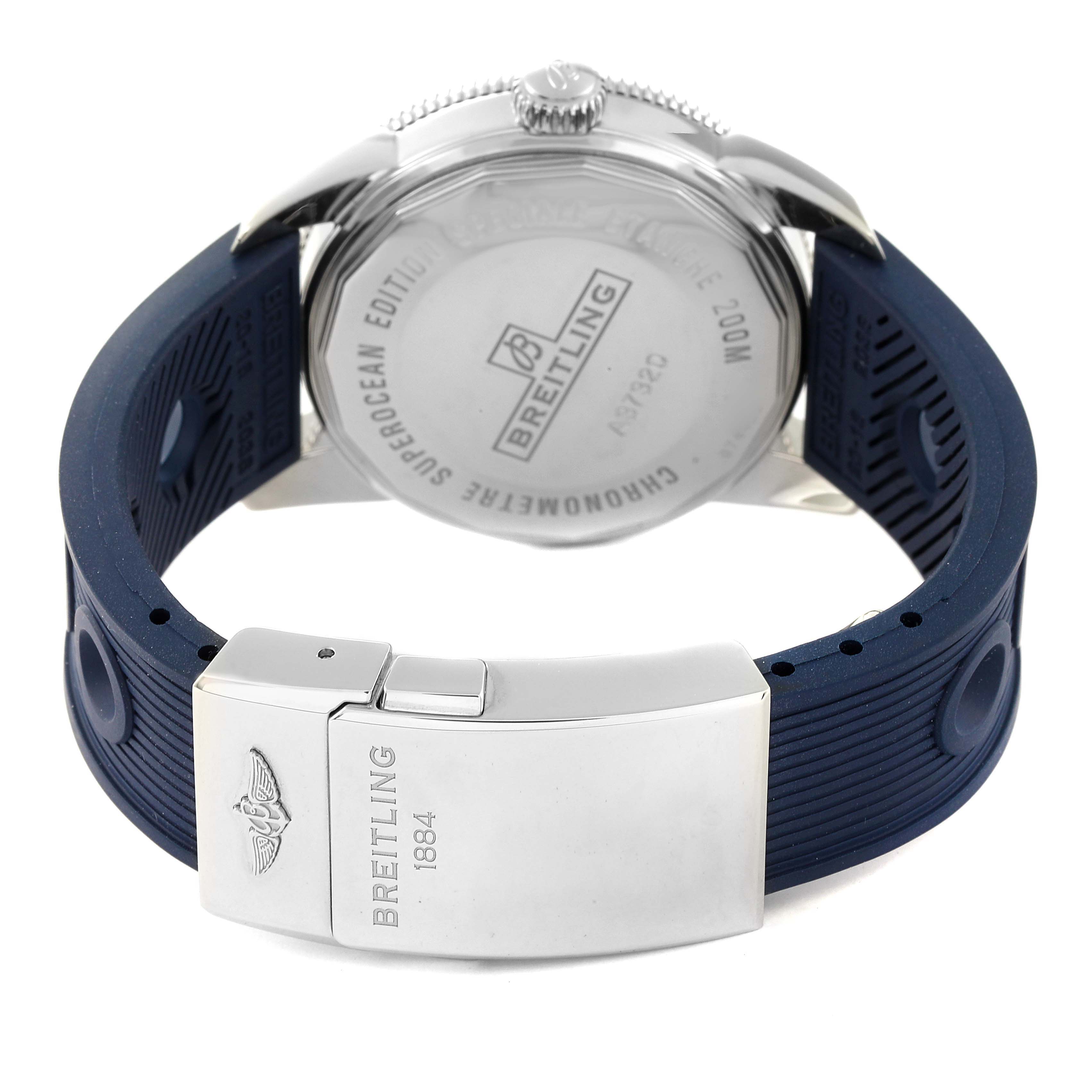 The image shows the back and clasp of a Breitling Superocean A3732016/C735 Men's Stainless Steel Blue Dial A3732016/C735 Men's Stainless Steel Blue Dial watch, highlighting its caseback and blue rubber strap.