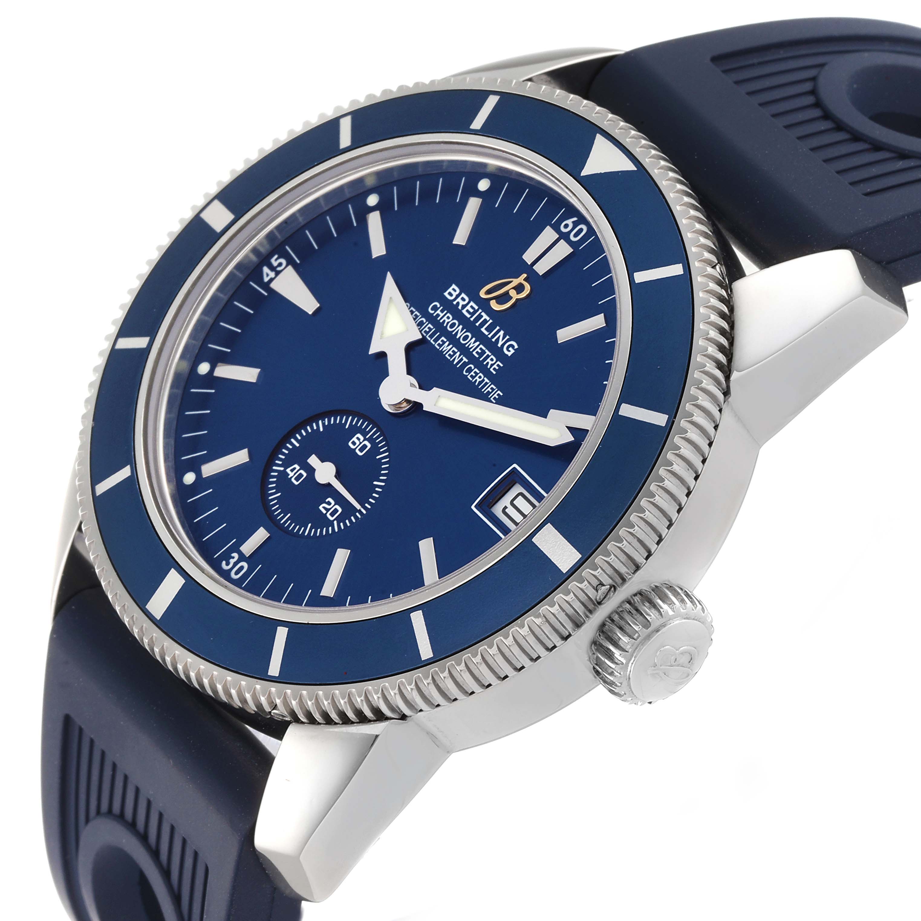 The image shows a side angle of the Breitling Superocean A3732016/C735 Men's Stainless Steel Blue Dial A3732016/C735 Men's Stainless Steel Blue Dial watch, displaying the bezel, dial, crown, and part of the strap.