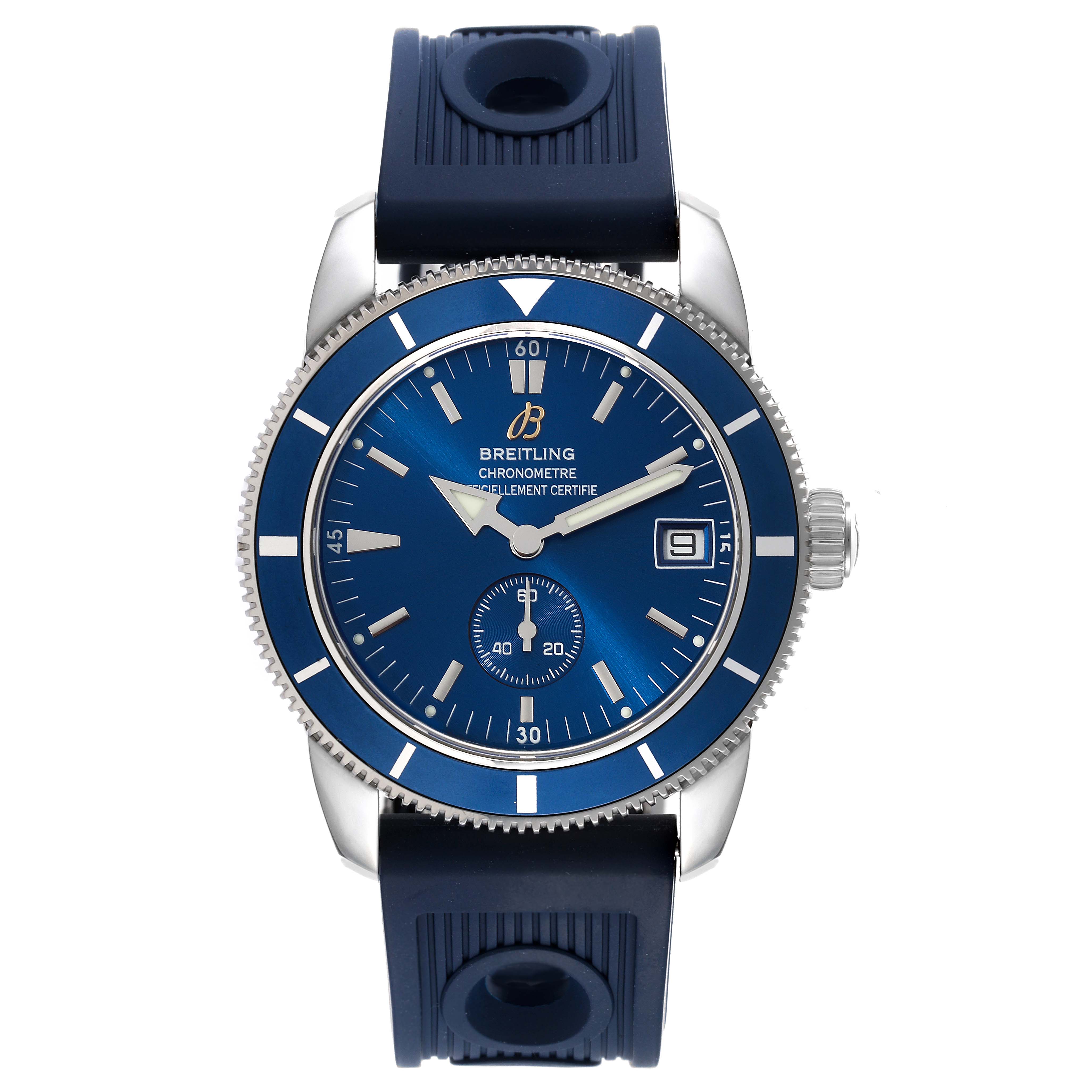 The Breitling Superocean A3732016/C735 Men's Stainless Steel Blue Dial A3732016/C735 Men's Stainless Steel Blue Dial watch is shown from a front angle, displaying the face, bezel, and rubber strap.