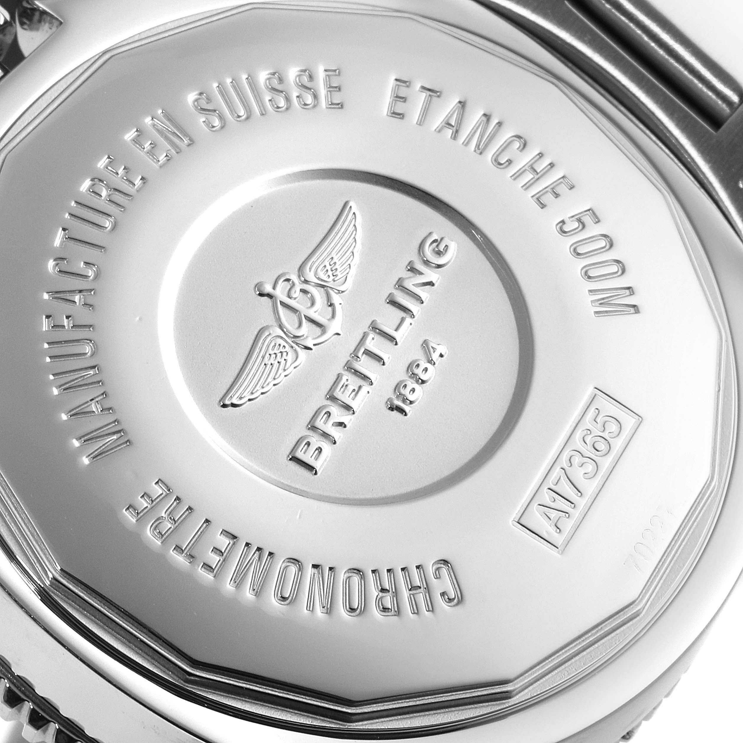 This image shows the back case of a Breitling Superocean A17365 Men's Stainless Steel Black Dial A17365 Men's Stainless Steel Black Dial watch with engravings and brand markings.