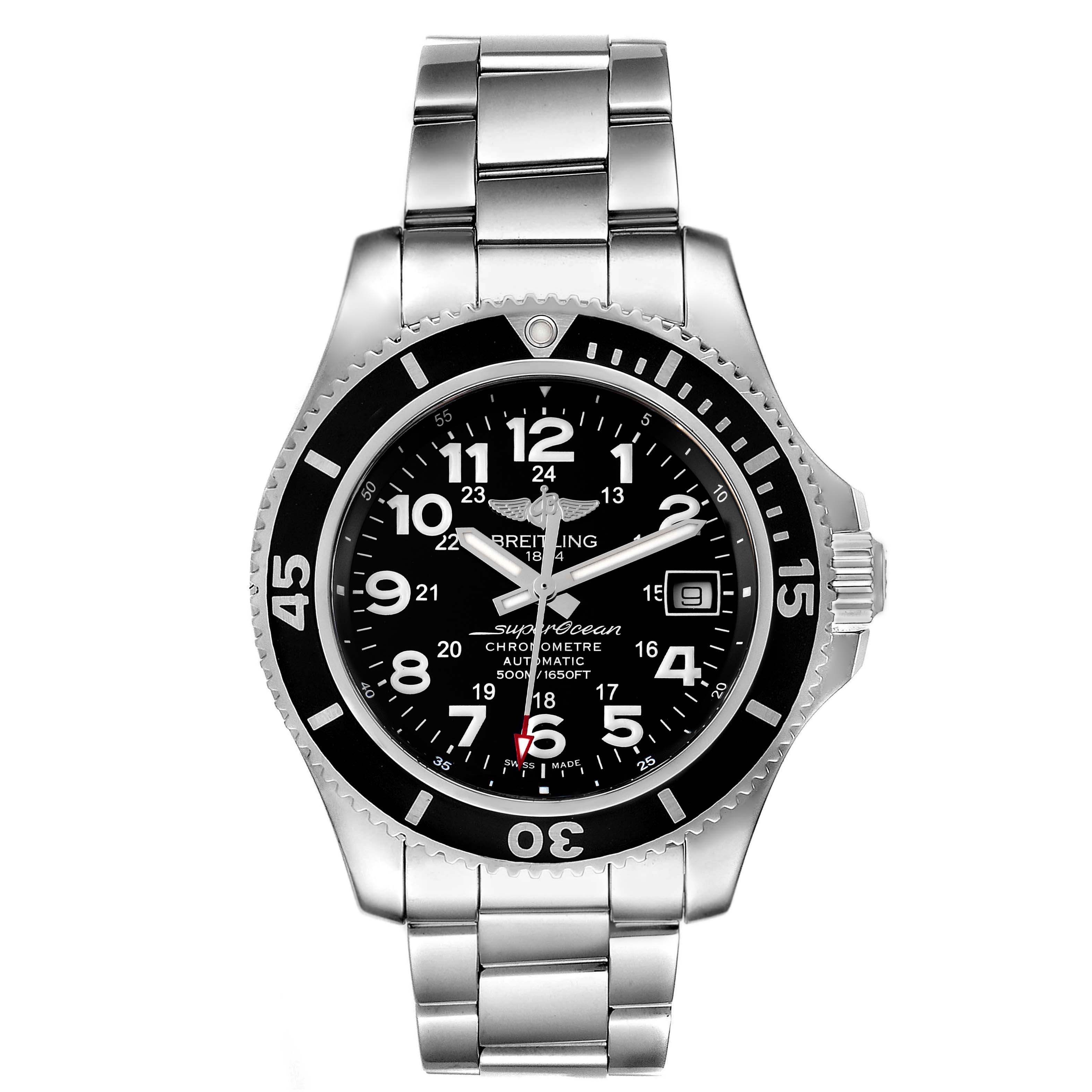 This image shows a front view of the Breitling Superocean A17365 Men's Stainless Steel Black Dial A17365 Men's Stainless Steel Black Dial watch, displaying its face, bezel, and stainless steel bracelet.
