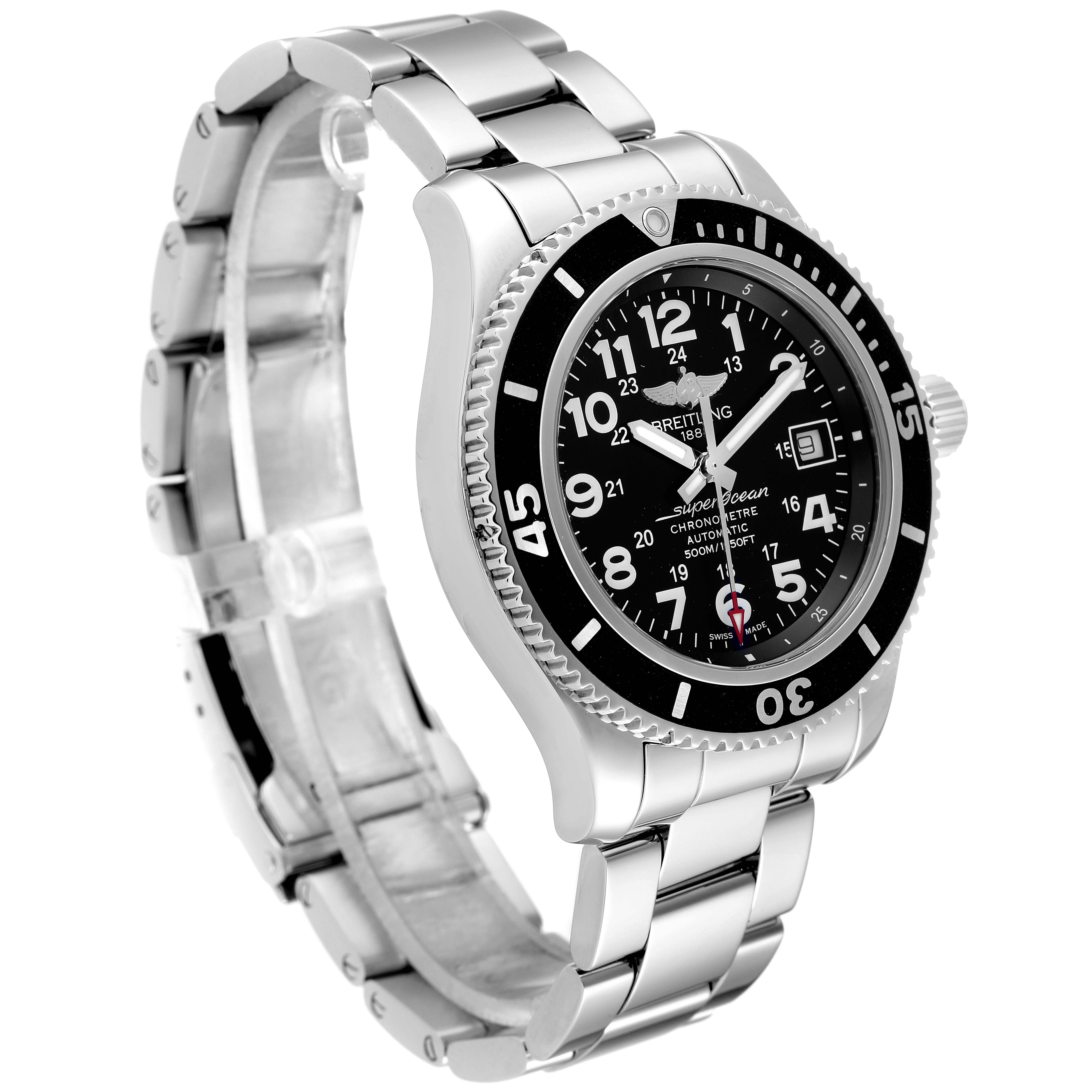 The image shows a Breitling Superocean A17365 Men's Stainless Steel Black Dial A17365 Men's Stainless Steel Black Dial watch angled to display the face, bezel, bracelet, and clasp partially.