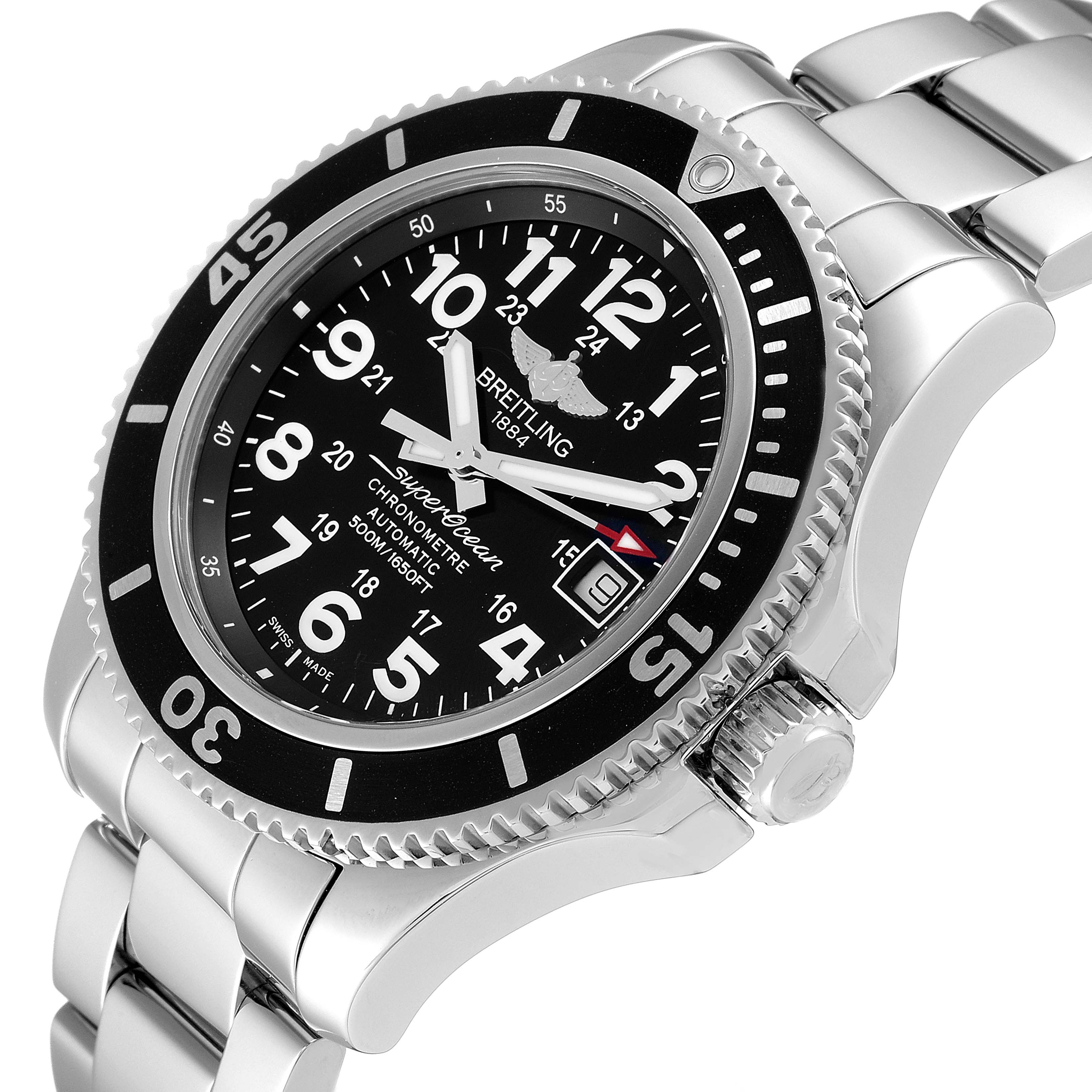 The image shows a Breitling Superocean A17365 Men's Stainless Steel Black Dial A17365 Men's Stainless Steel Black Dial watch from an angled view, highlighting its face, bezel, crown, and part of the bracelet.