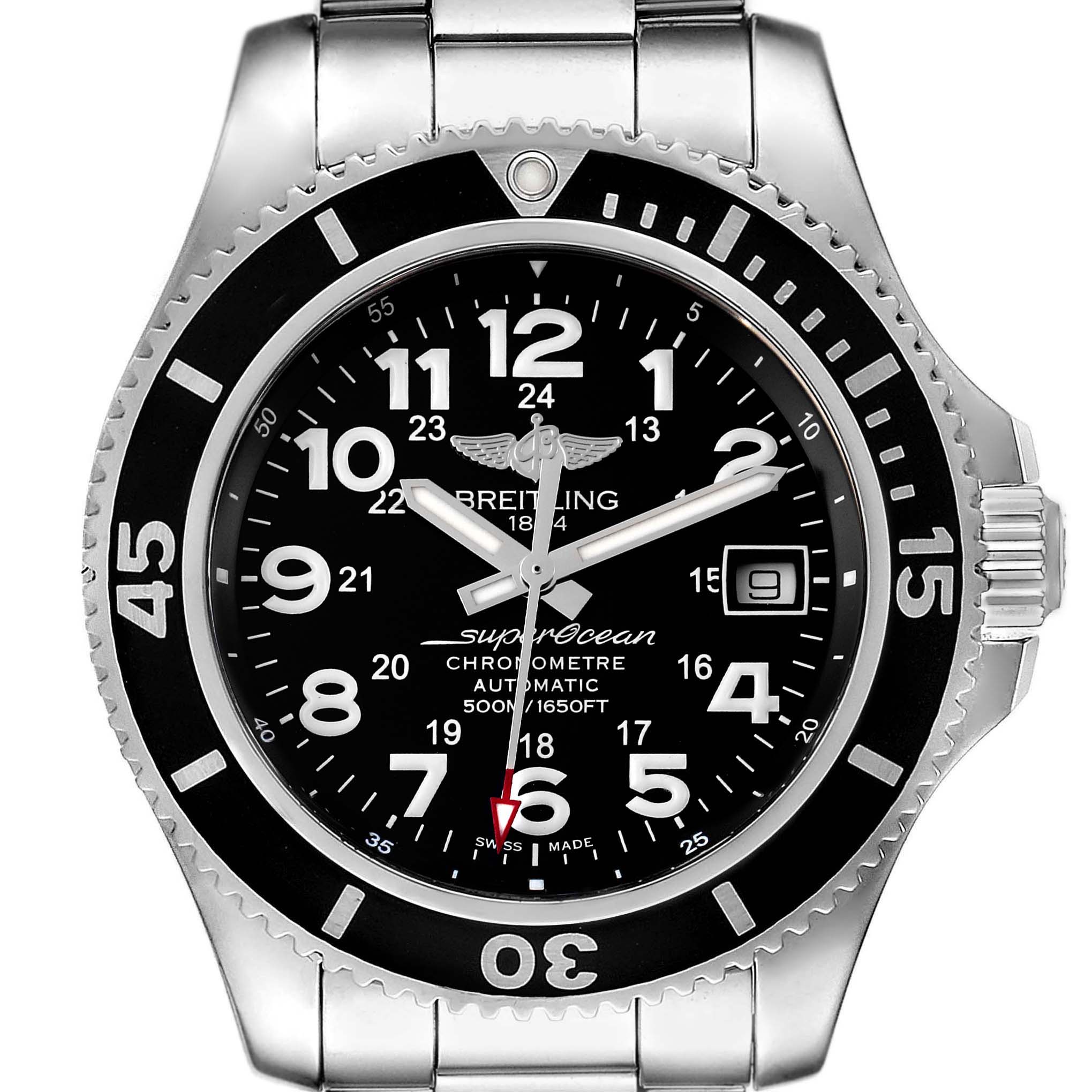 The Breitling Superocean A17365 Men's Stainless Steel Black Dial A17365 Men's Stainless Steel Black Dial watch is shown from a front angle, displaying its dial, bezel, crown, and part of the metal bracelet.