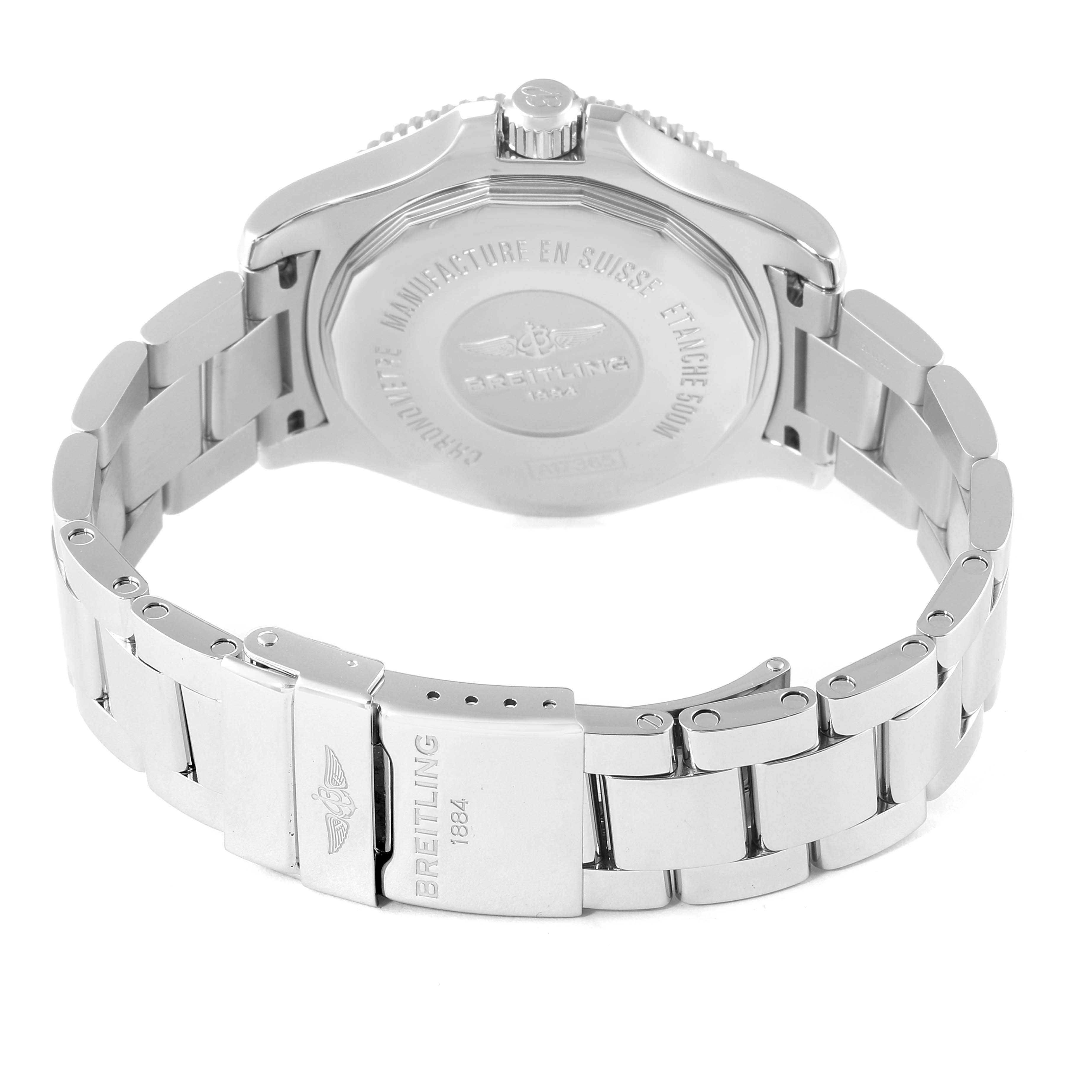 The image shows the back case and metal bracelet of a Breitling Superocean A17365 Men's Stainless Steel Black Dial A17365 Men's Stainless Steel Black Dial watch from a rear angle.
