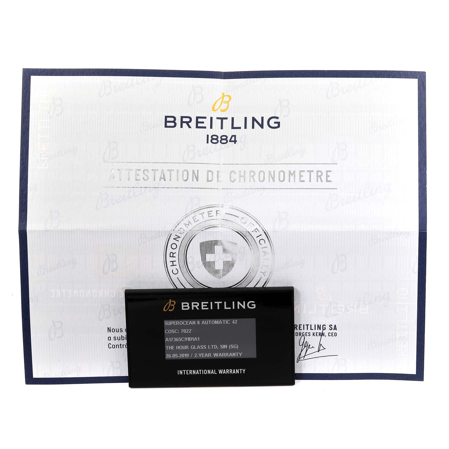 The image shows the warranty card and documentation for the Breitling Superocean A17365 Men's Stainless Steel Black Dial A17365 Men's Stainless Steel Black Dial model.
