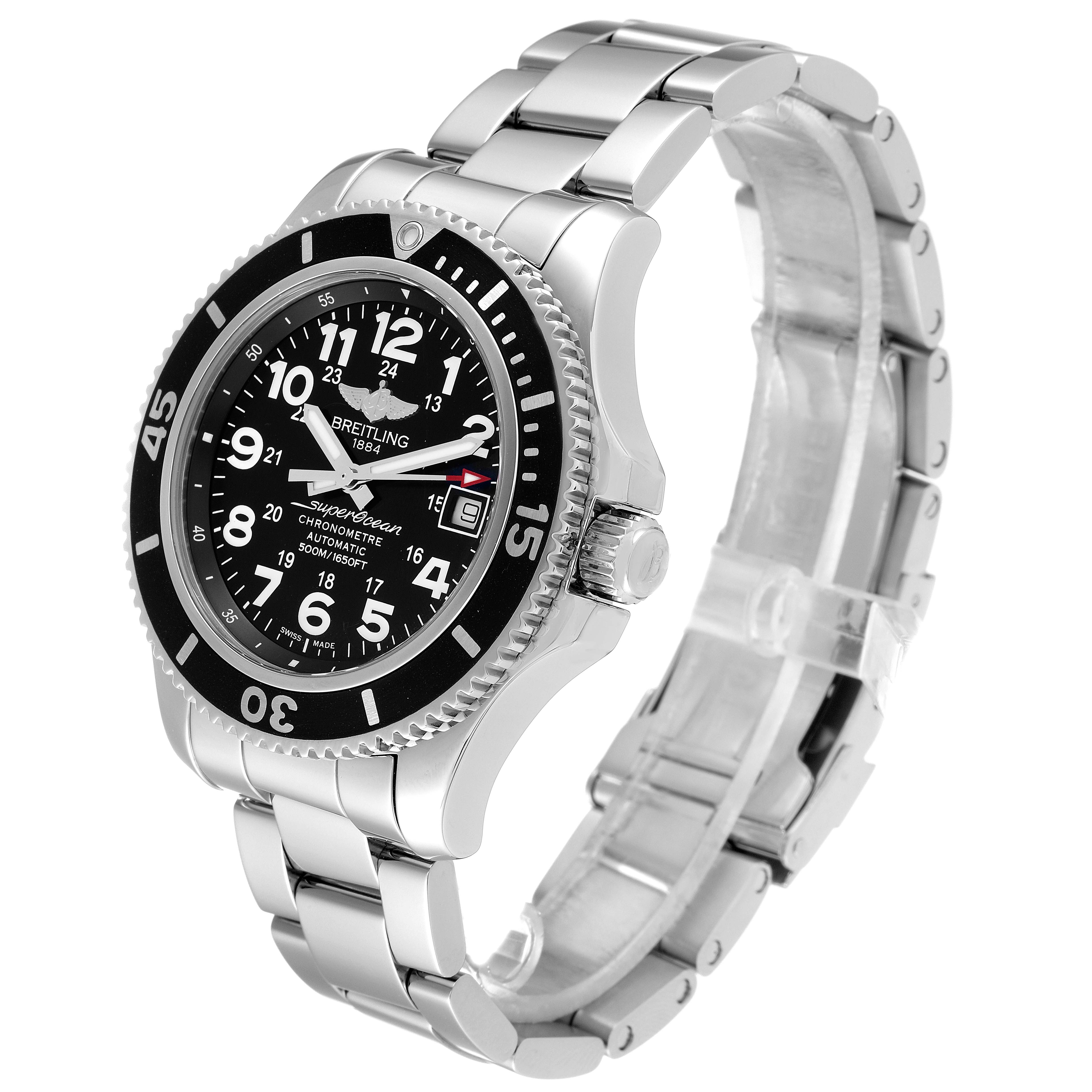 The image shows a Breitling Superocean A17365 Men's Stainless Steel Black Dial A17365 Men's Stainless Steel Black Dial watch at an angled side view, highlighting its dial, bezel, crown, and metal bracelet.