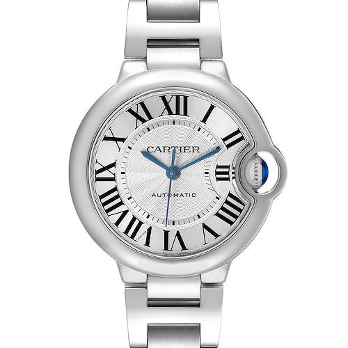 The Cartier Ballon Bleu W6920071 Women's Stainless Steel Silver Dial watch is shown from the front, highlighting the dial, Roman numerals, and signature crown with a blue cabochon.