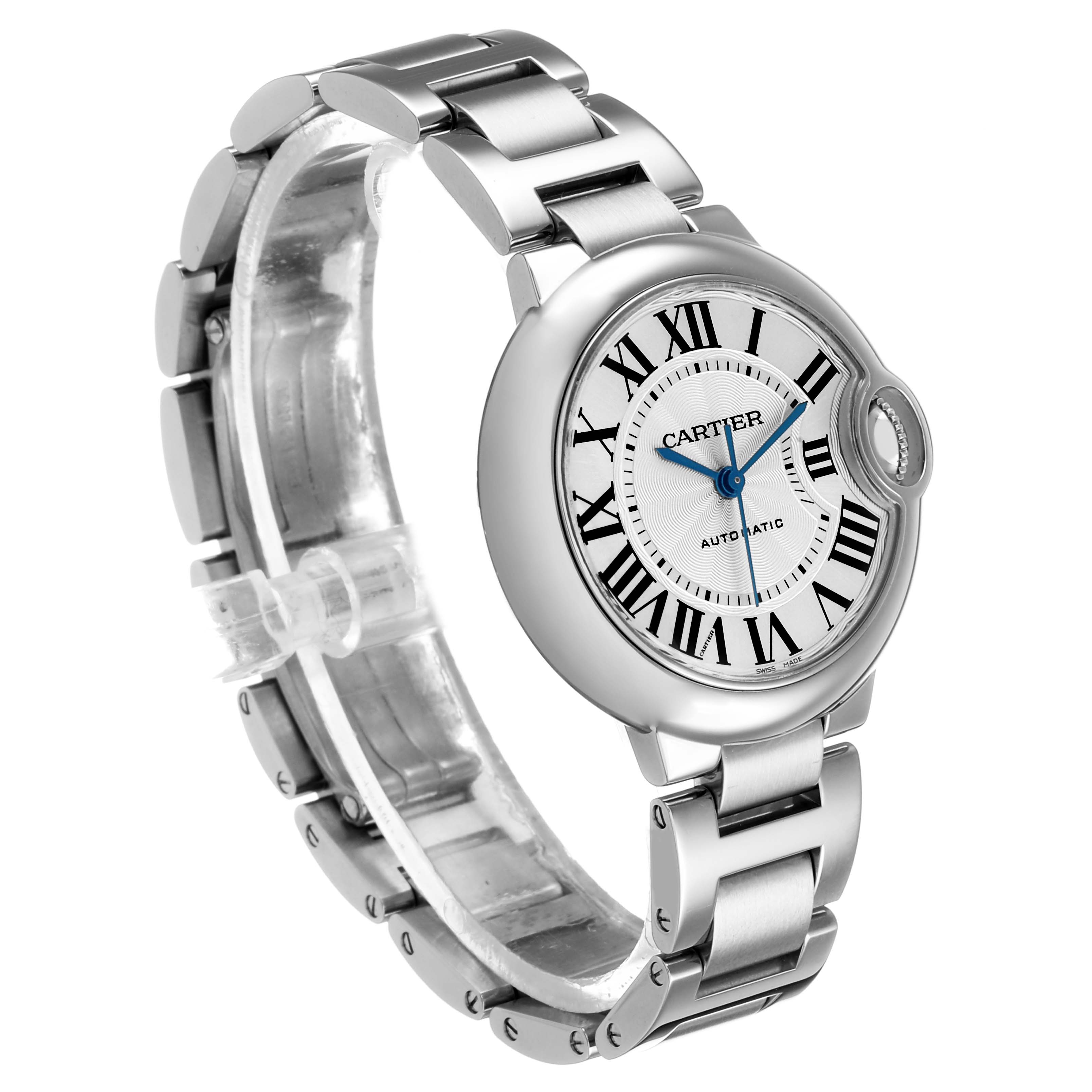 The Cartier Ballon Bleu W6920071 Women's Stainless Steel Silver Dial watch is shown at a slight side angle, highlighting the face, bracelet, and crown.