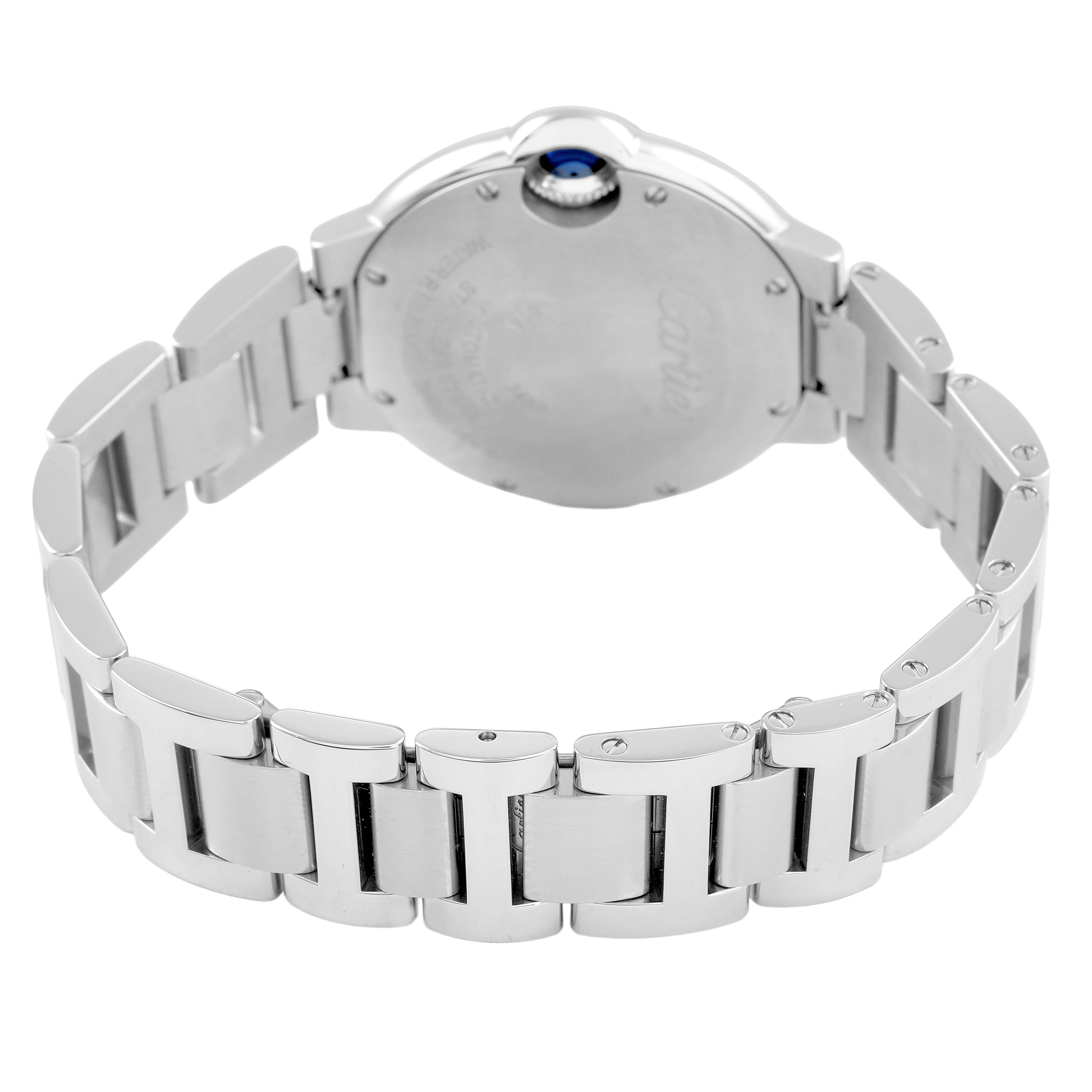 The image shows the back view of a Cartier Ballon Bleu W6920071 Women's Stainless Steel Silver Dial watch with a focus on the bracelet and case back.