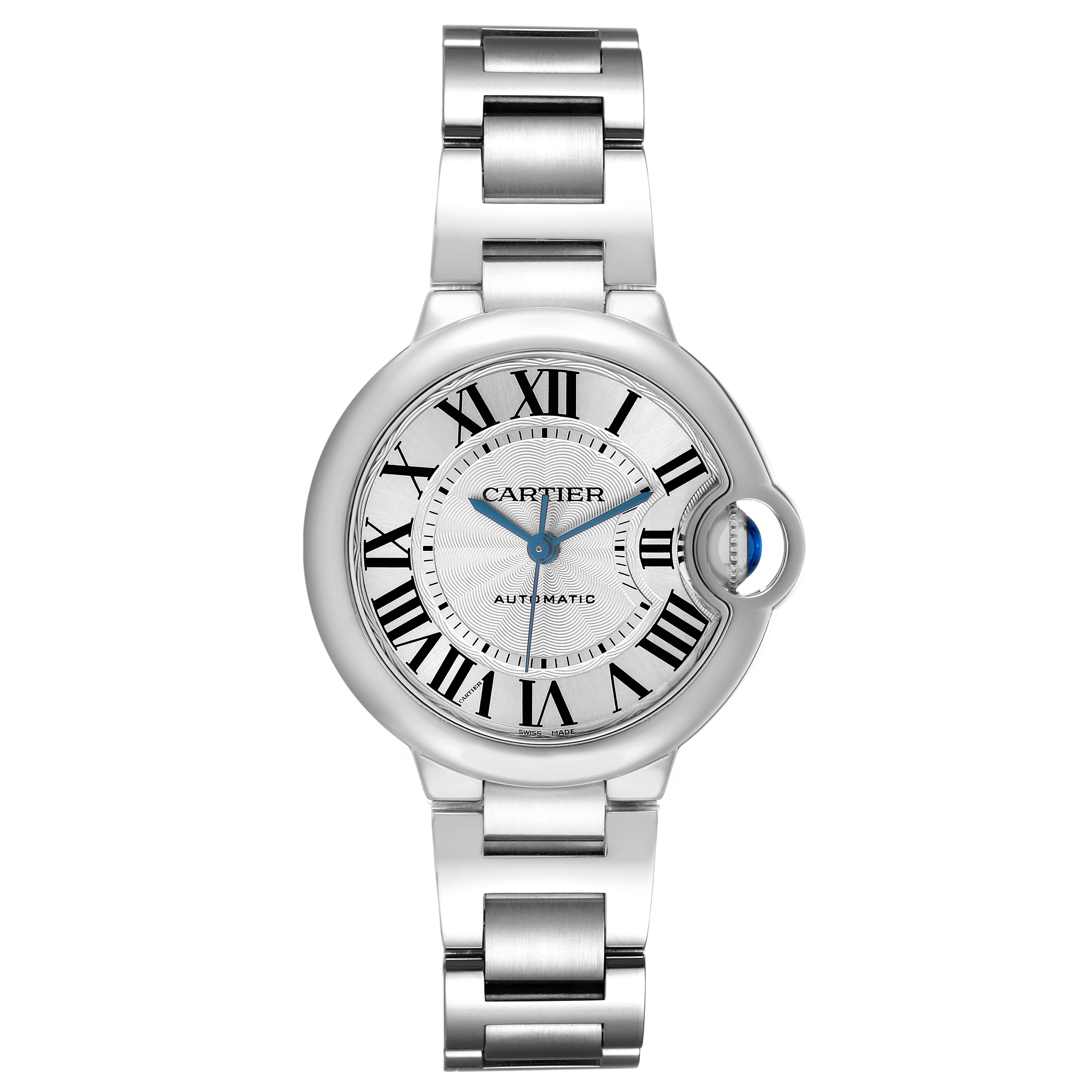The Cartier Ballon Bleu W6920071 Women's Stainless Steel Silver Dial watch is shown from the front, displaying its face, bezel, and bracelet links.