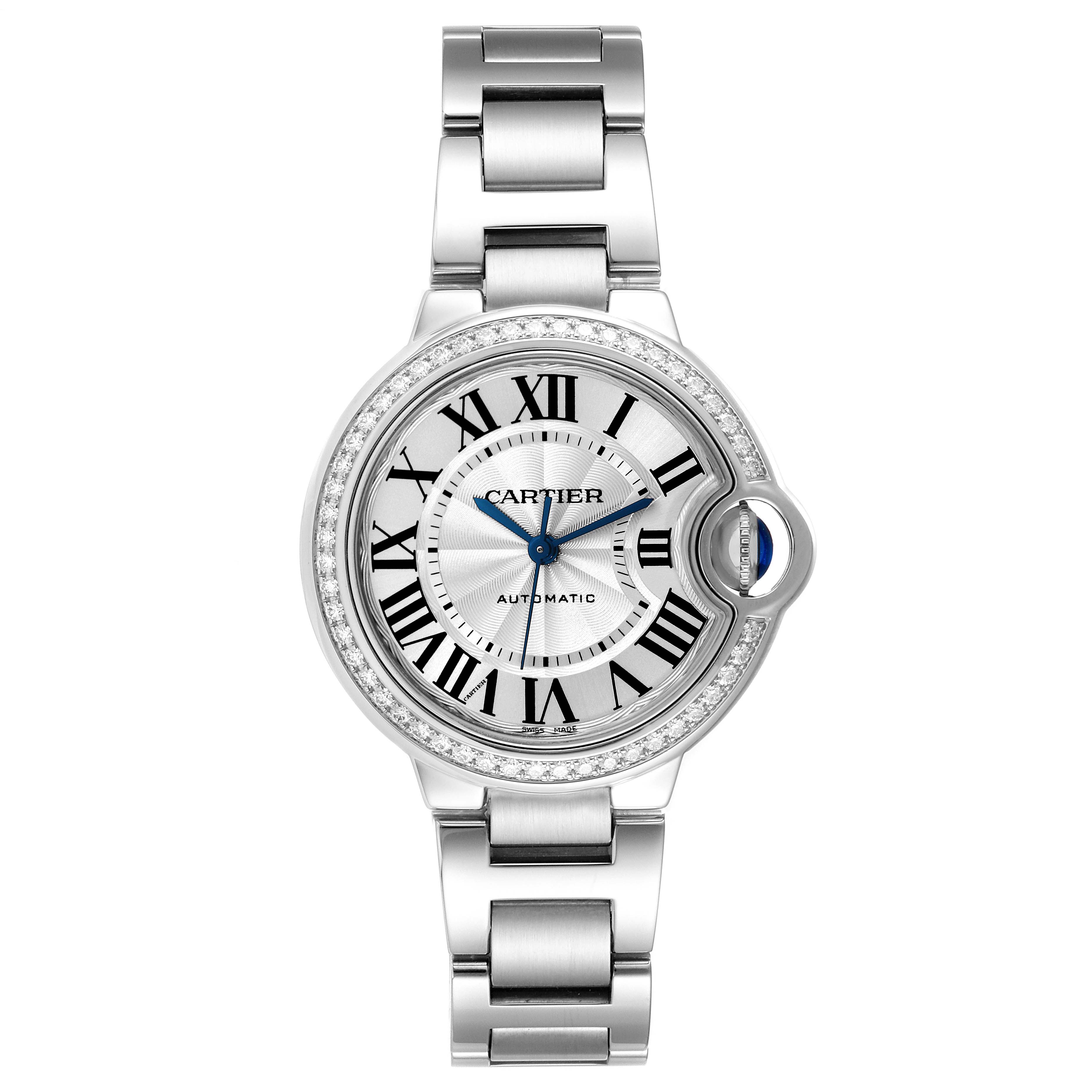 This image shows a full front view of a Cartier Ballon Bleu W4BB0016 Women
s Stainless Steel Silver Dial W4BB0016 Women
s Stainless Steel Silver Dial watch, highlighting its face, band, and bezel.